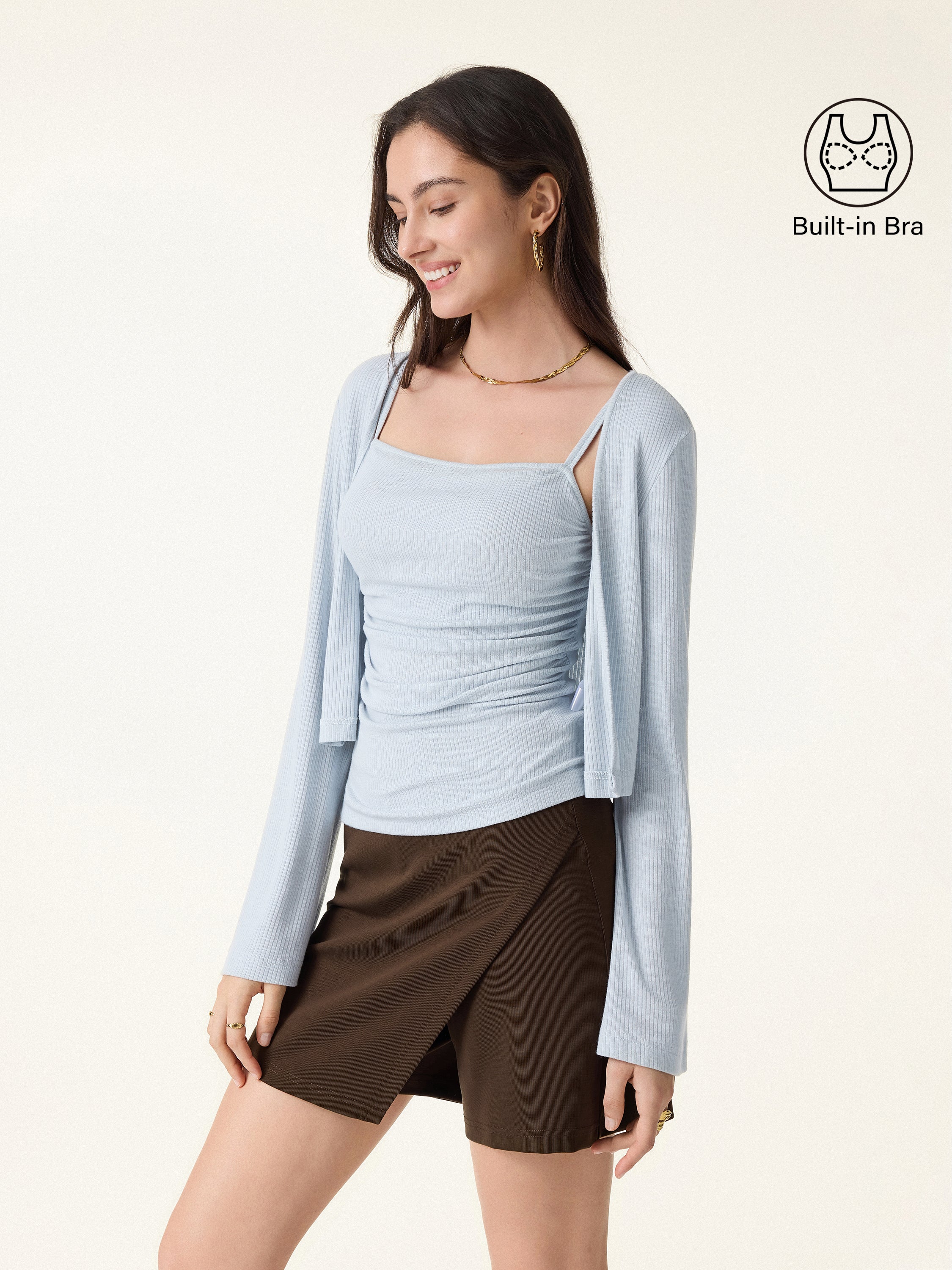 2Pcs Set Bell Sleeve Cardigan & Adjustable Spaghetti Bra Tank - Image 2