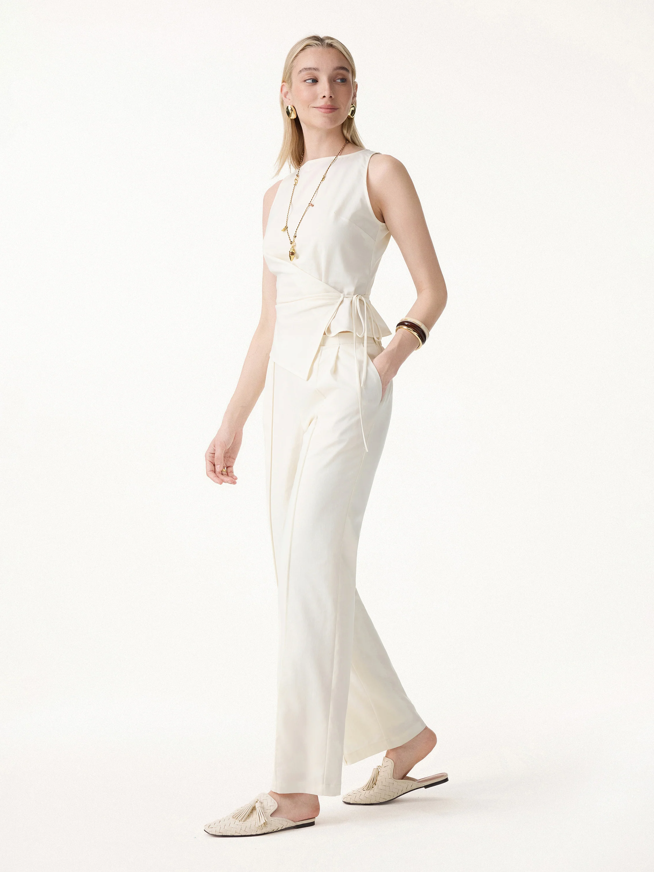 2Pcs Set Boatneck Waist-Defined Top & Pintuck Wide Leg Pant - Image 2
