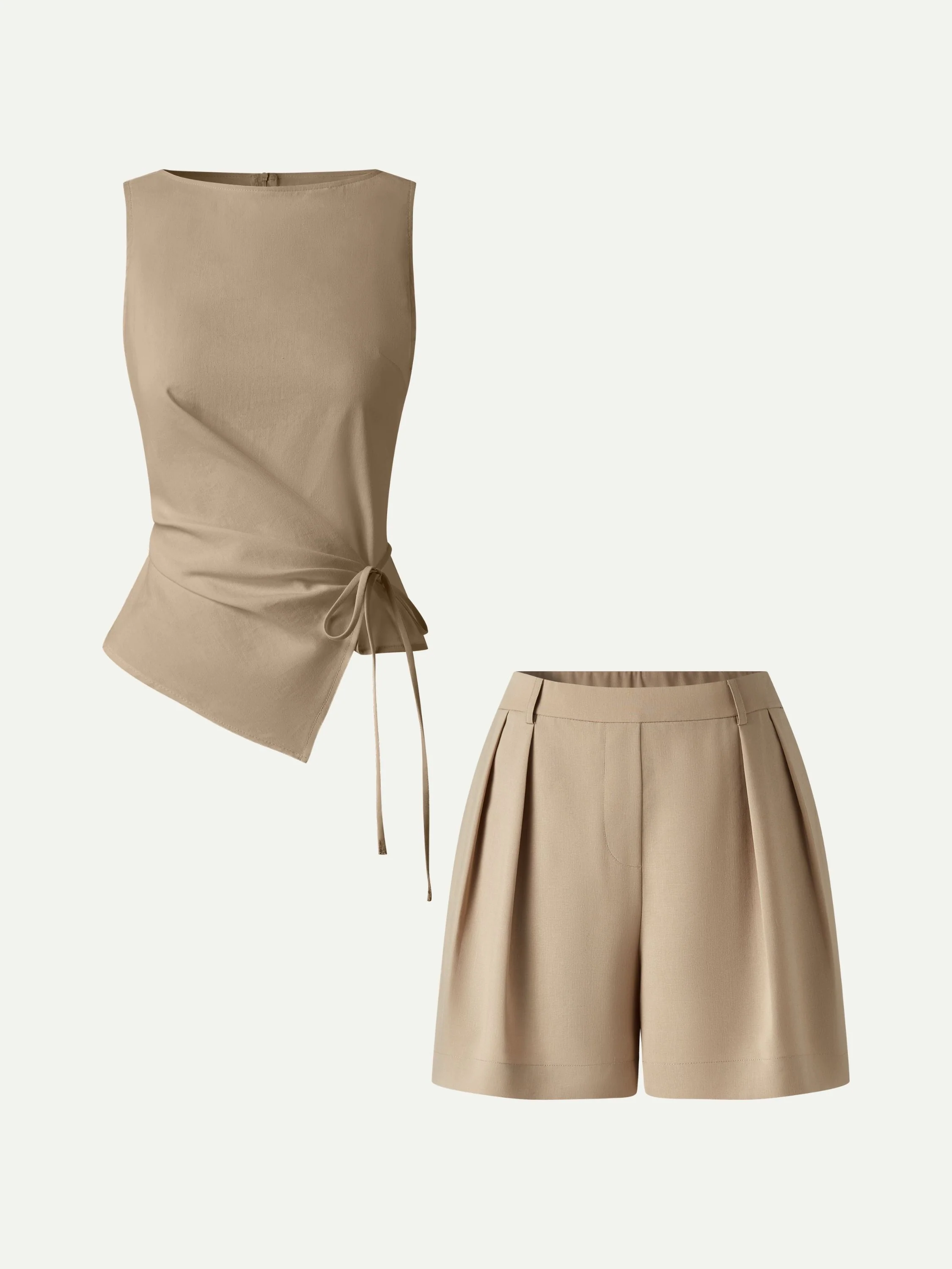 2Pcs Set Boatneck Waist-Defined Top & Tailored Shorts with Pockets - Image 6