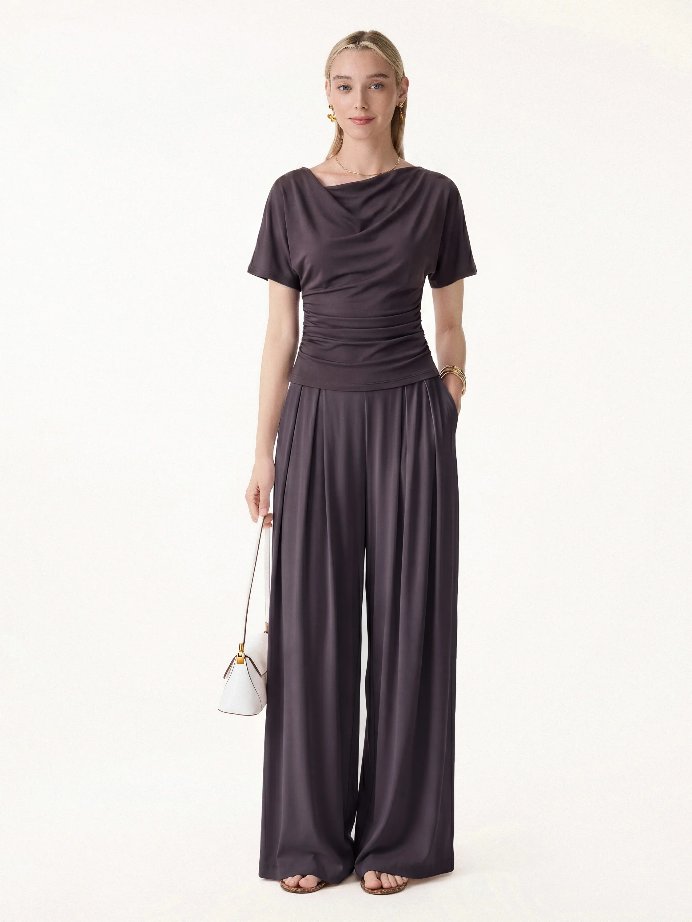 2Pcs Set Cowl Neck Ruched Top & Wide Leg Palazzo Pant with Pockets