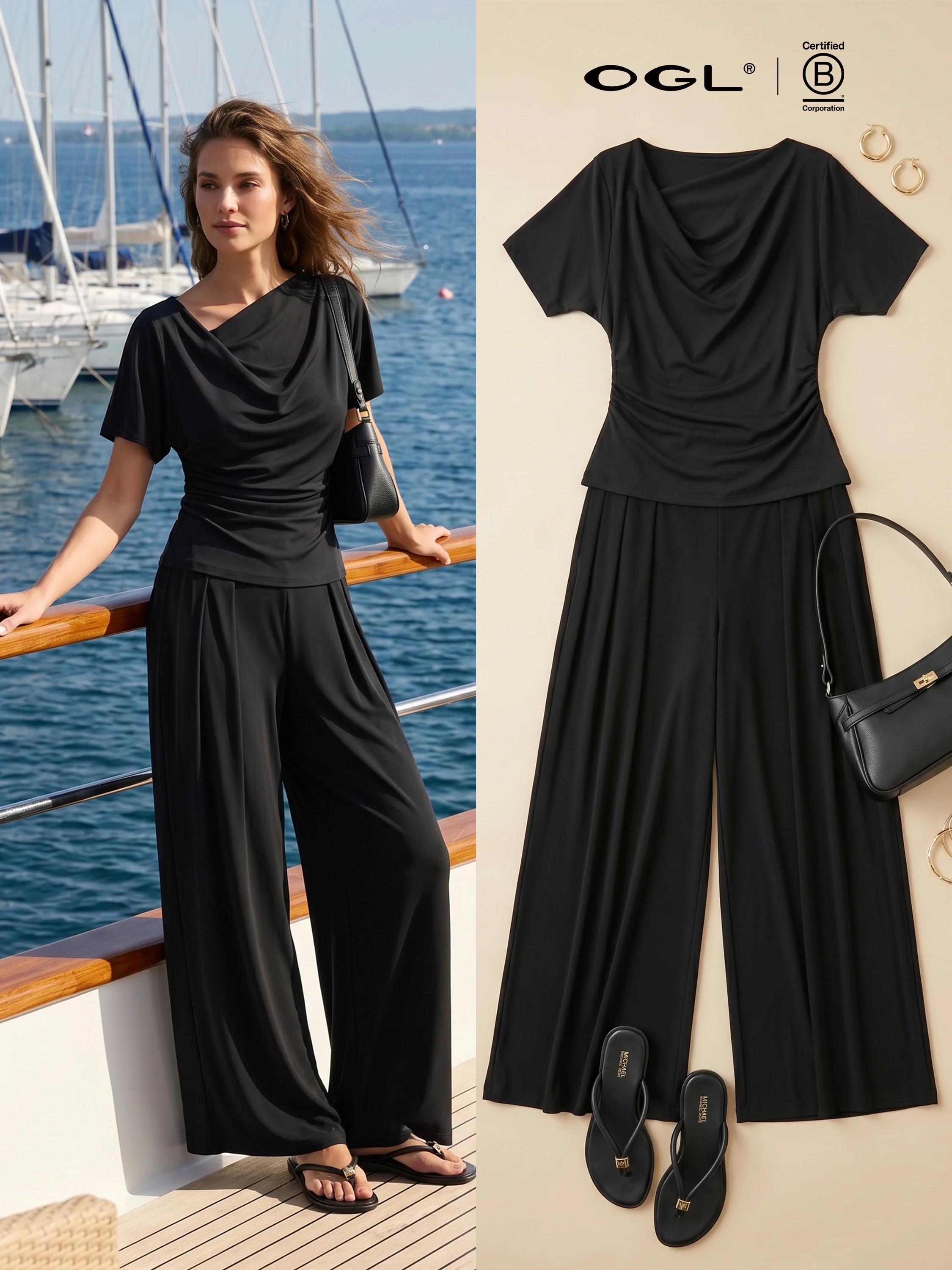 2Pcs Set Cowl Neck Ruched Top & Wide Leg Palazzo Pant with Pockets - Image 10