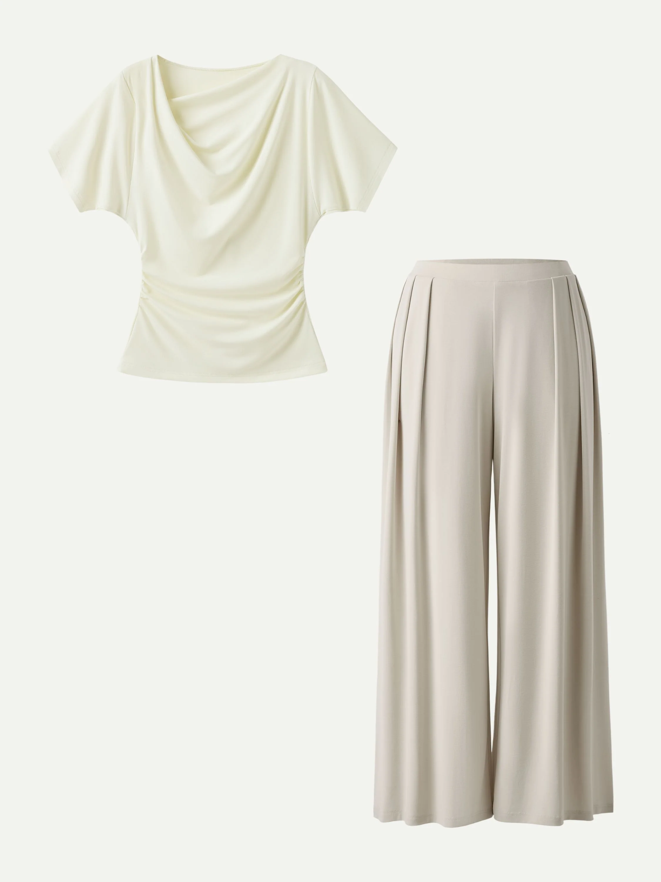 2Pcs Set Cowl Neck Ruched Top & Wide Leg Palazzo Pant with Pockets - Image 4
