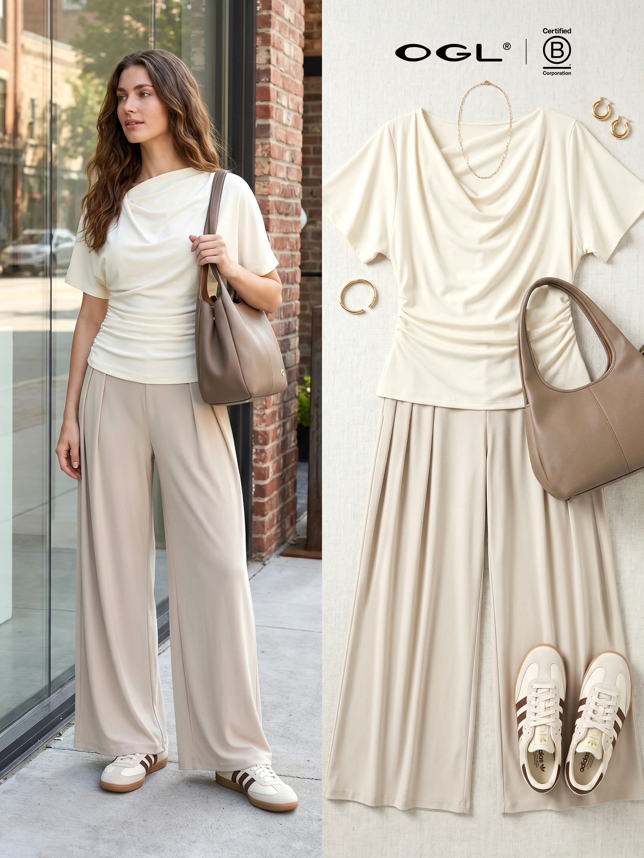 2Pcs Set Cowl Neck Ruched Top & Wide Leg Palazzo Pant with Pockets - Image 5