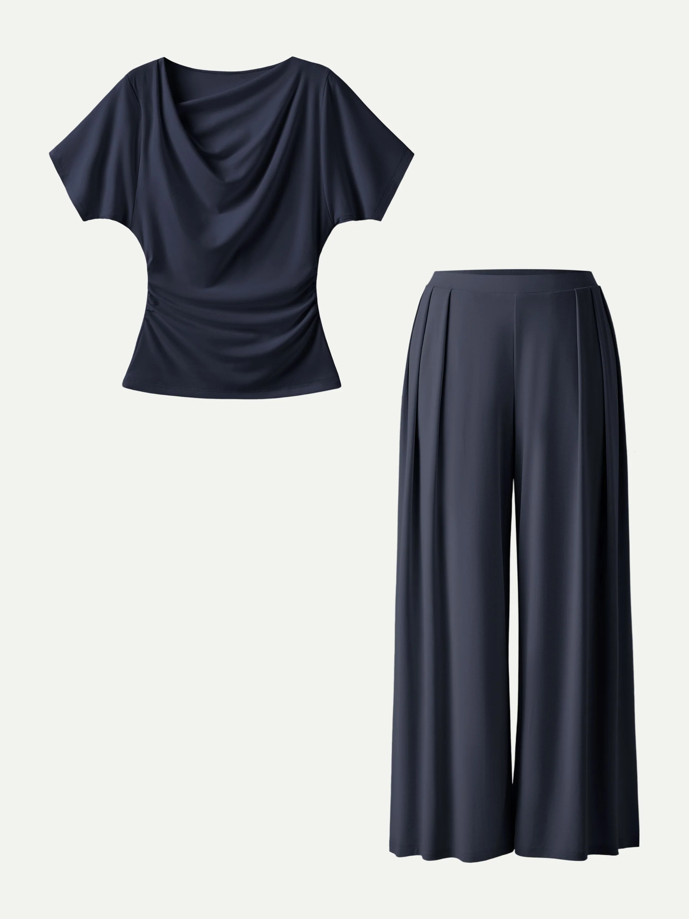2Pcs Set Cowl Neck Ruched Top & Wide Leg Palazzo Pant with Pockets - Image 6