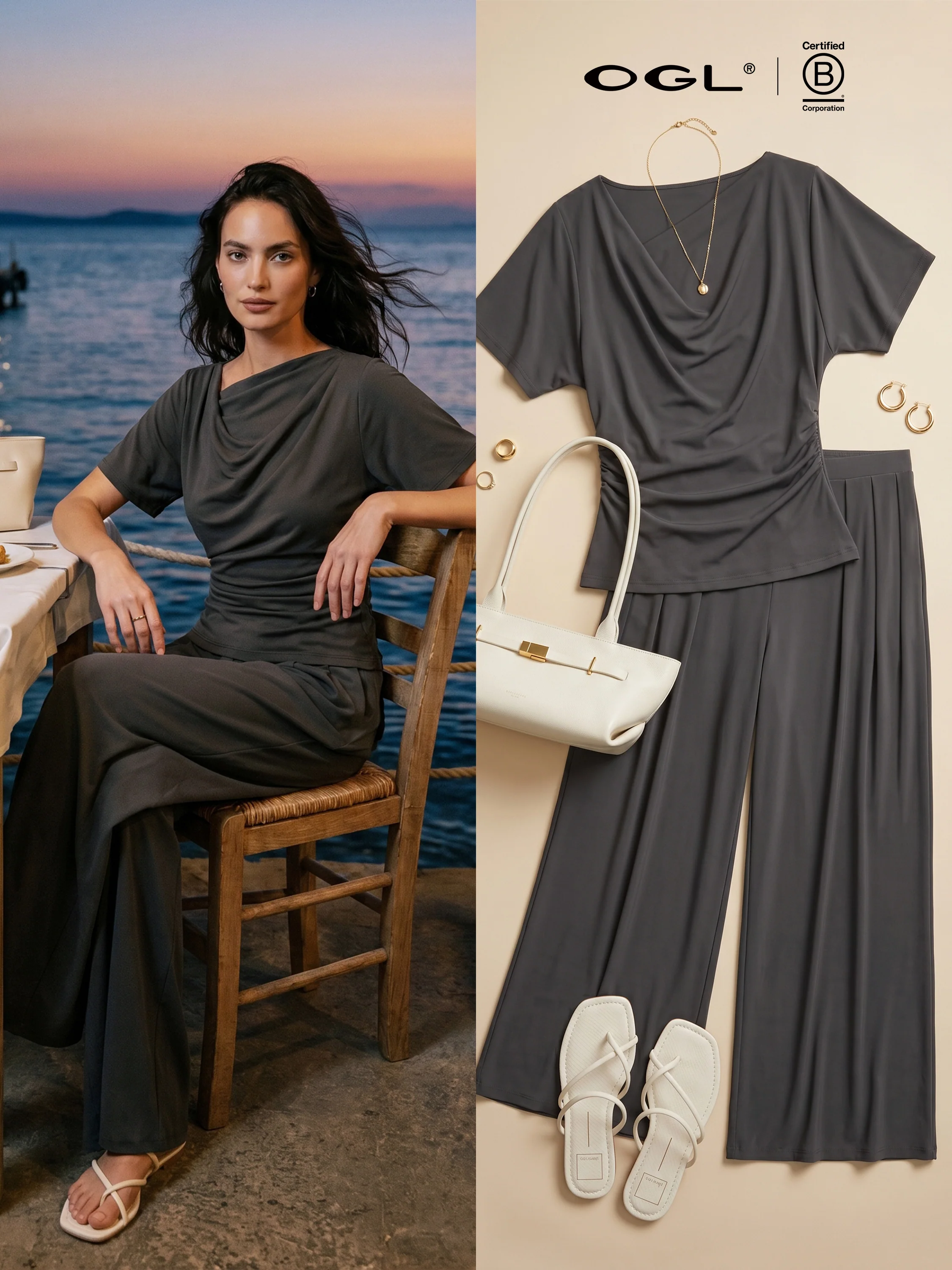 2Pcs Set Cowl Neck Ruched Top & Wide Leg Palazzo Pant with Pockets - Image 8