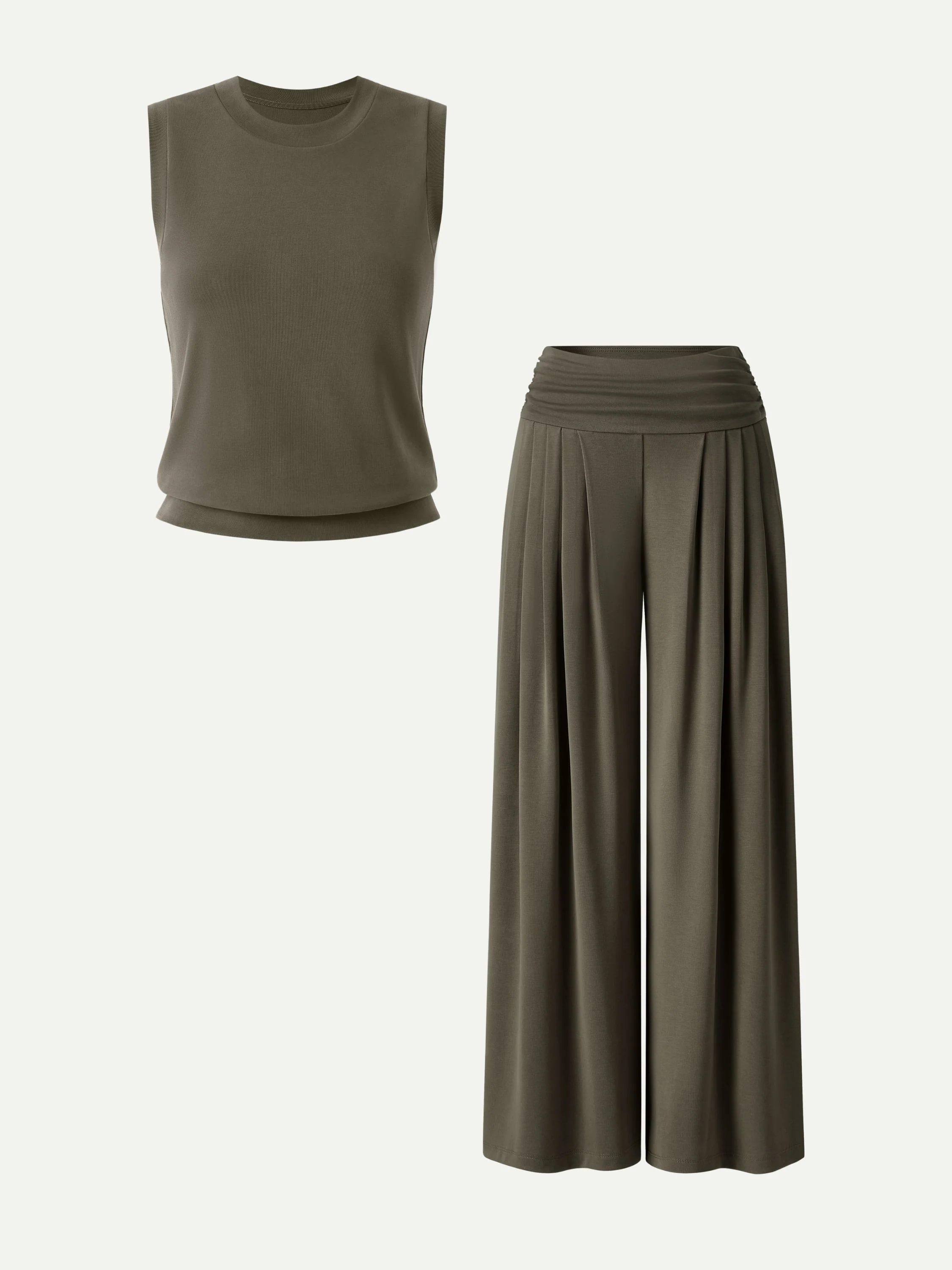 2Pcs Set Crew Neck Top & Flowy Tucked Palazzo Pant with Pockets - Image 5