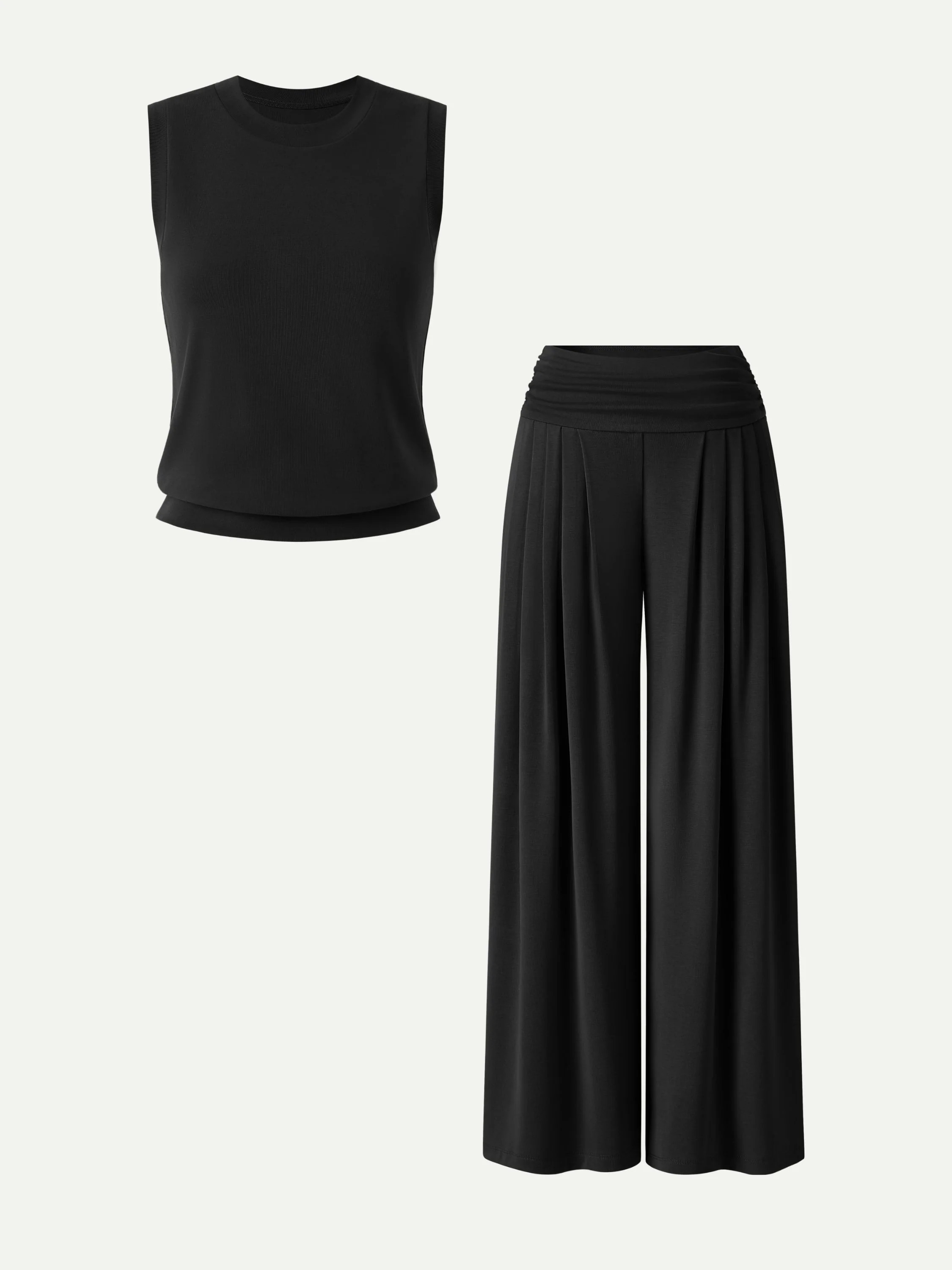 2Pcs Set Crew Neck Top & Flowy Tucked Palazzo Pant with Pockets - Image 6