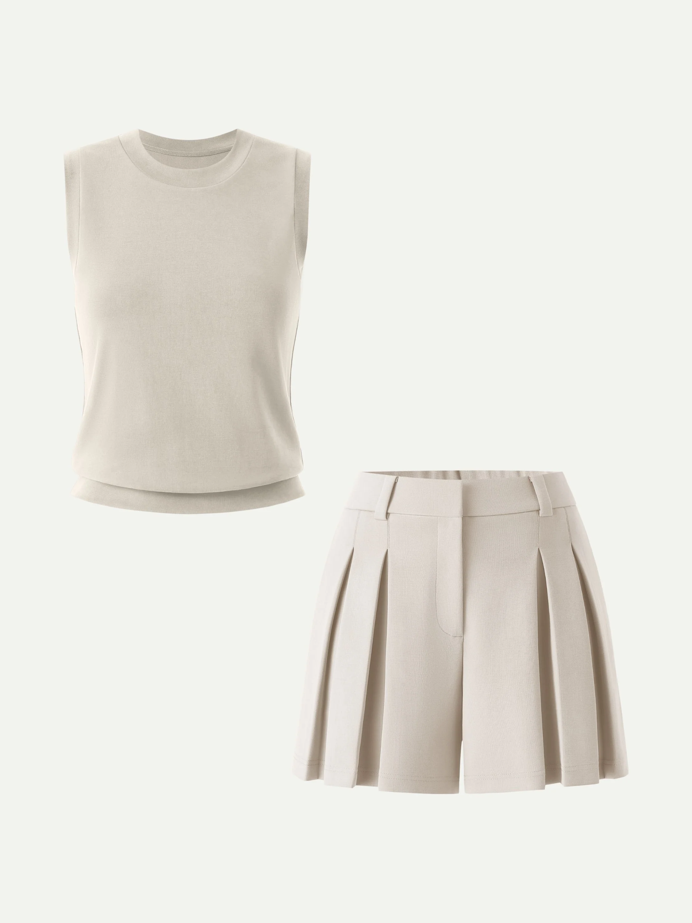 2Pcs Set Crew Neck Top & High Rise A-Line Pleated Shorts - Image 4