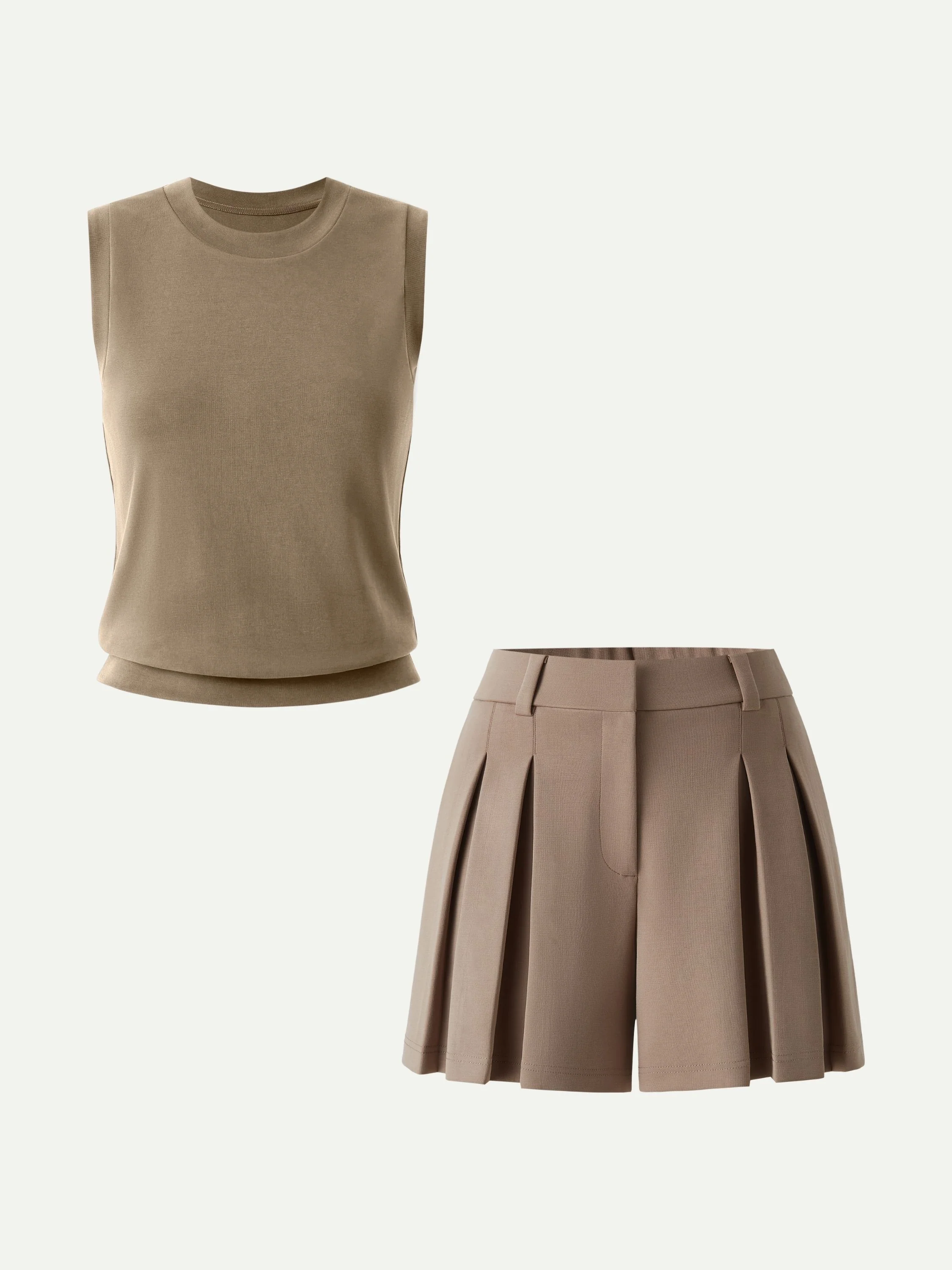 2Pcs Set Crew Neck Top & High Rise A-Line Pleated Shorts - Image 5