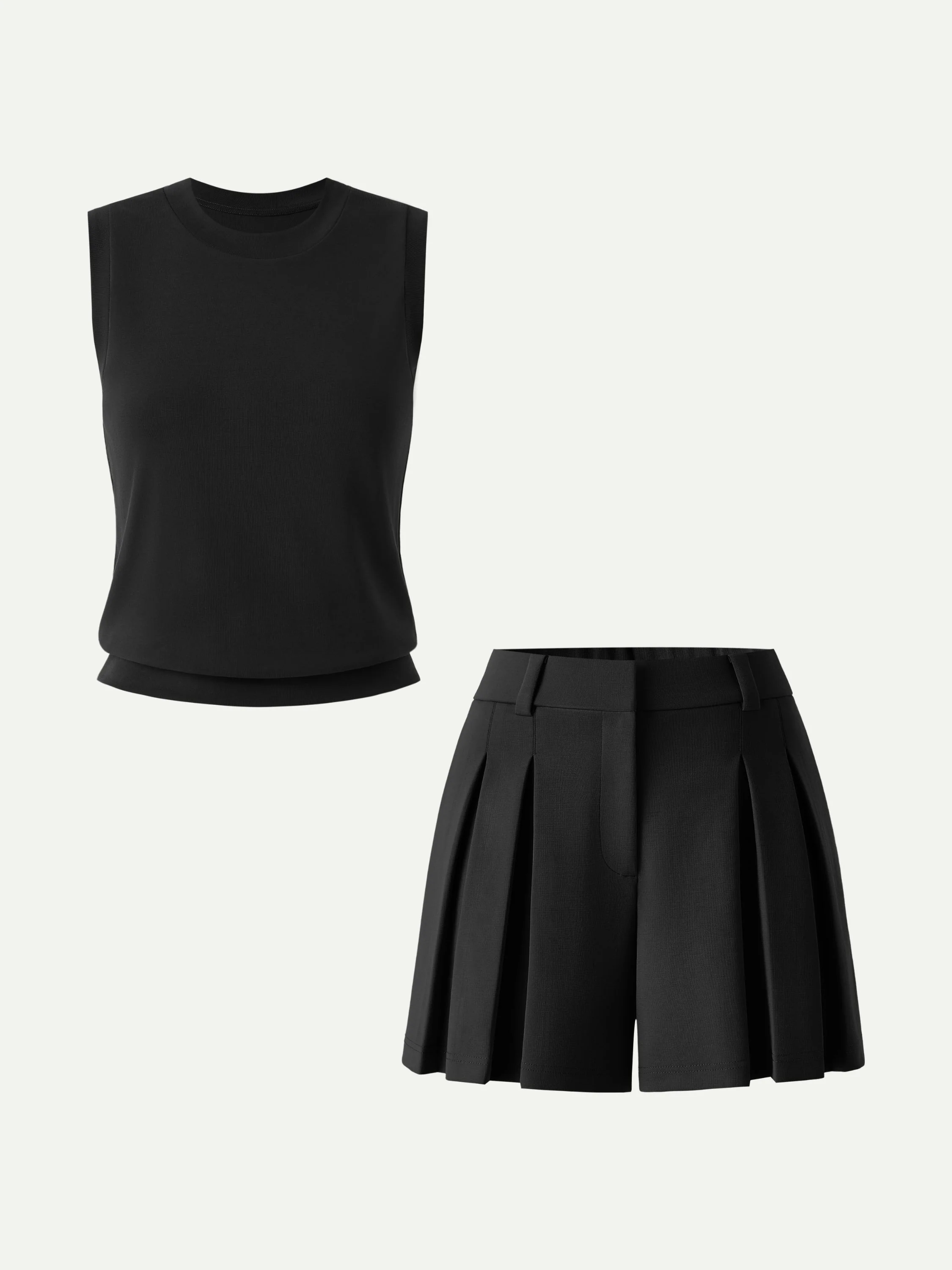 2Pcs Set Crew Neck Top & High Rise A-Line Pleated Shorts - Image 7
