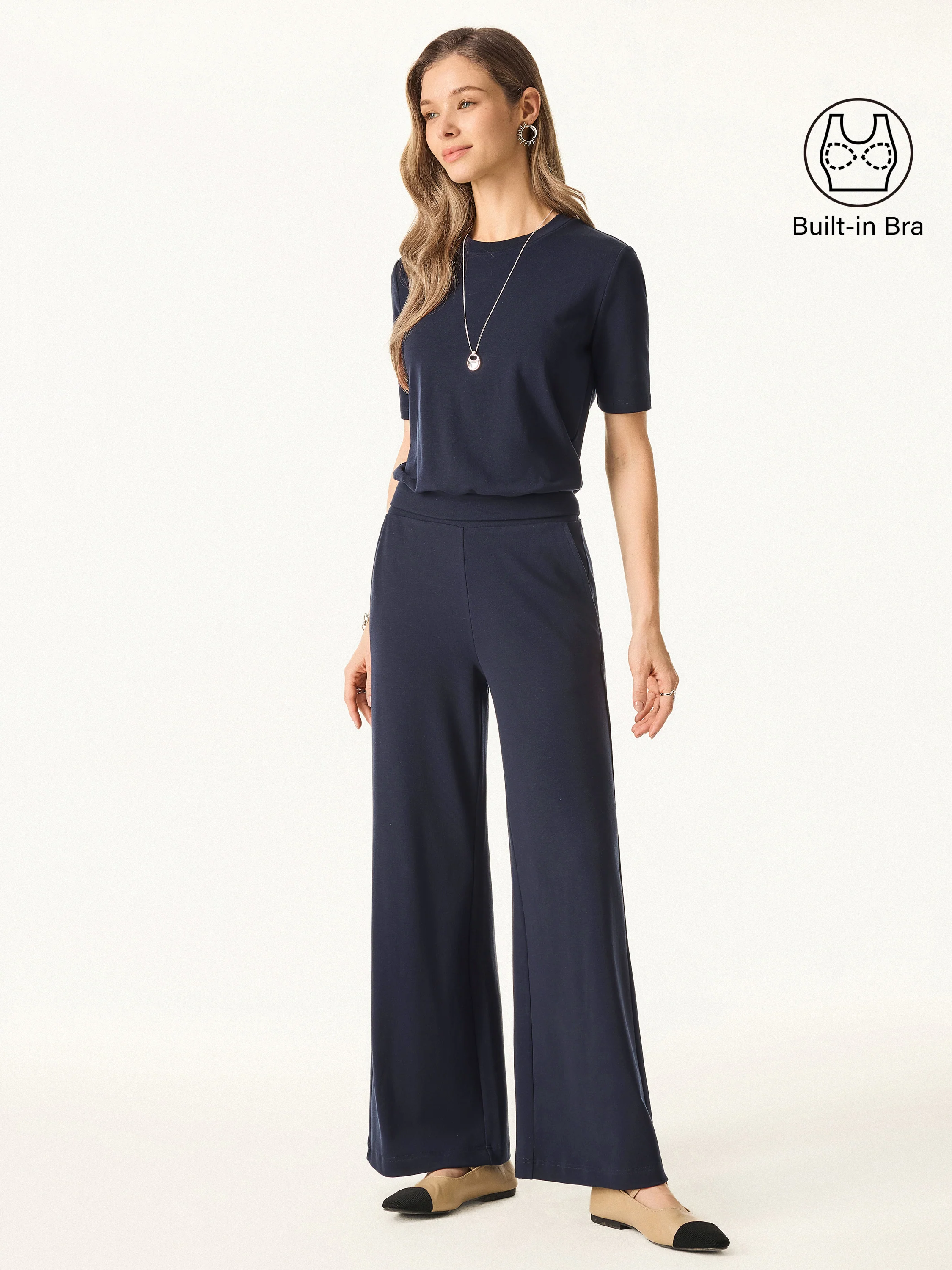 2Pcs Set Petite Mid Rise Wide Leg Pant with Pockets & Crewneck Bra Top with Banded Hem - Image 3