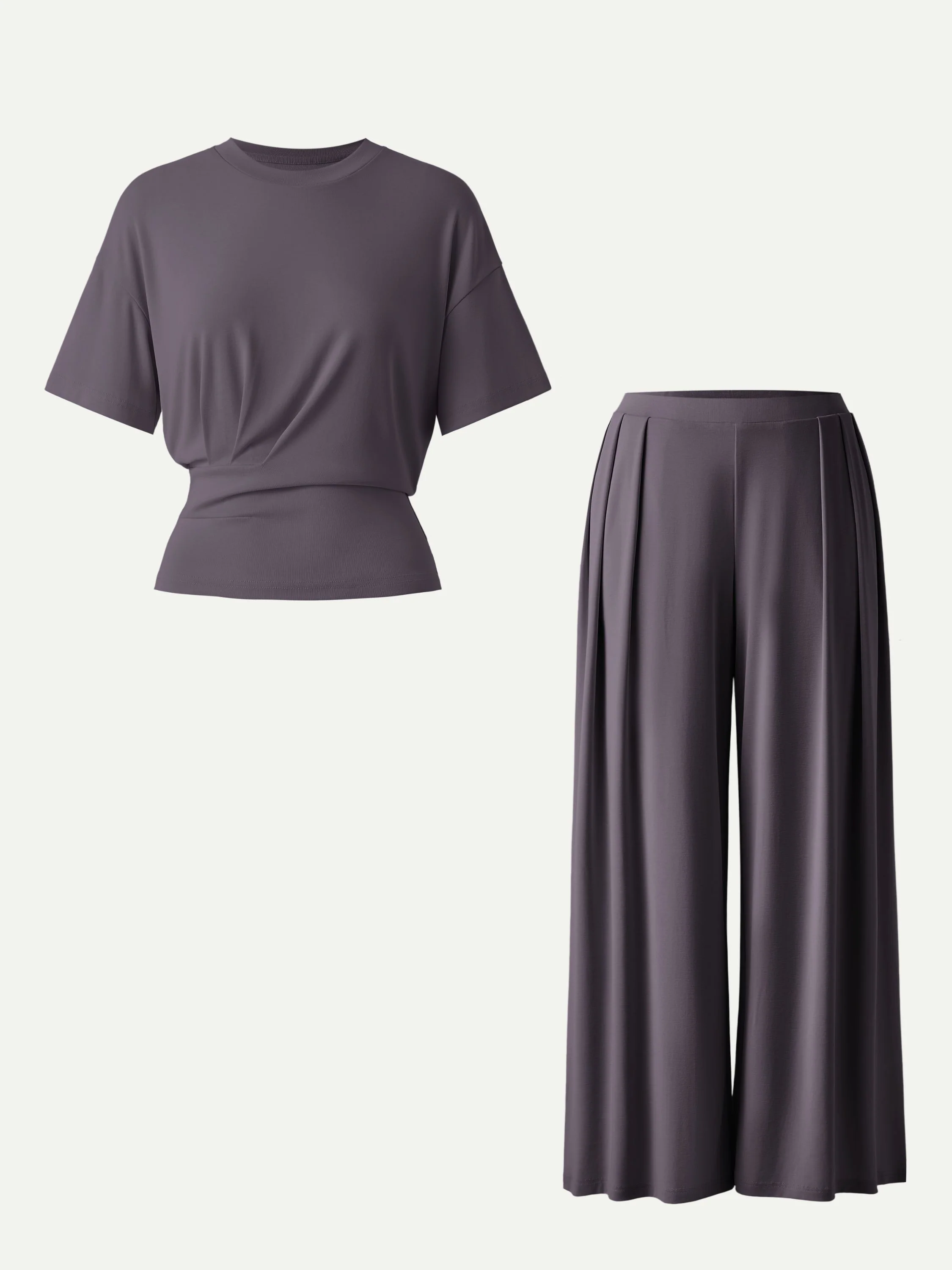 2Pcs Set Crewneck Short Sleeve Tee & Mid Rise Pleated Wide Leg Pant with Pockets - Image 4
