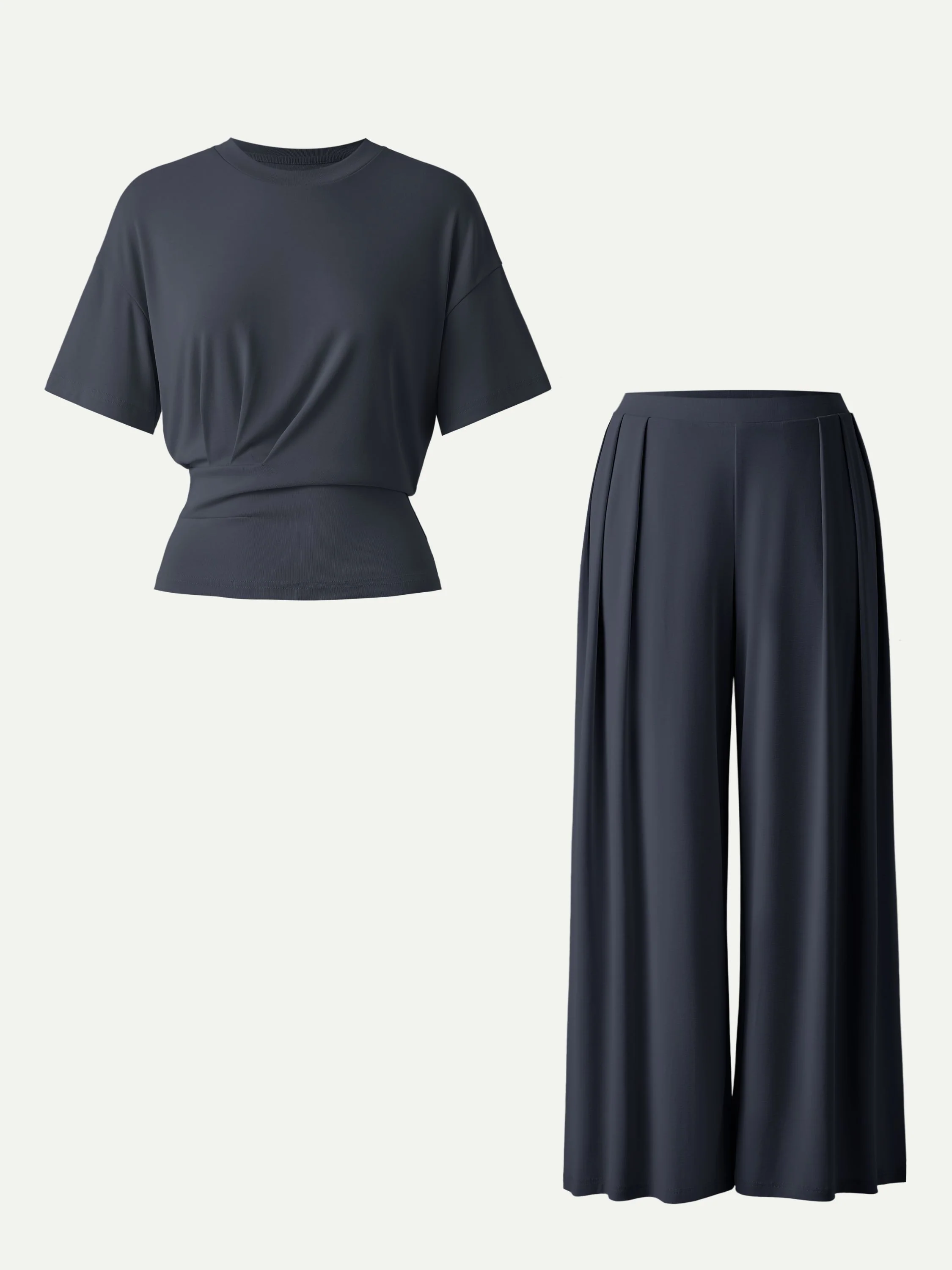 2Pcs Set Crewneck Short Sleeve Tee & Mid Rise Pleated Wide Leg Pant with Pockets - Image 5