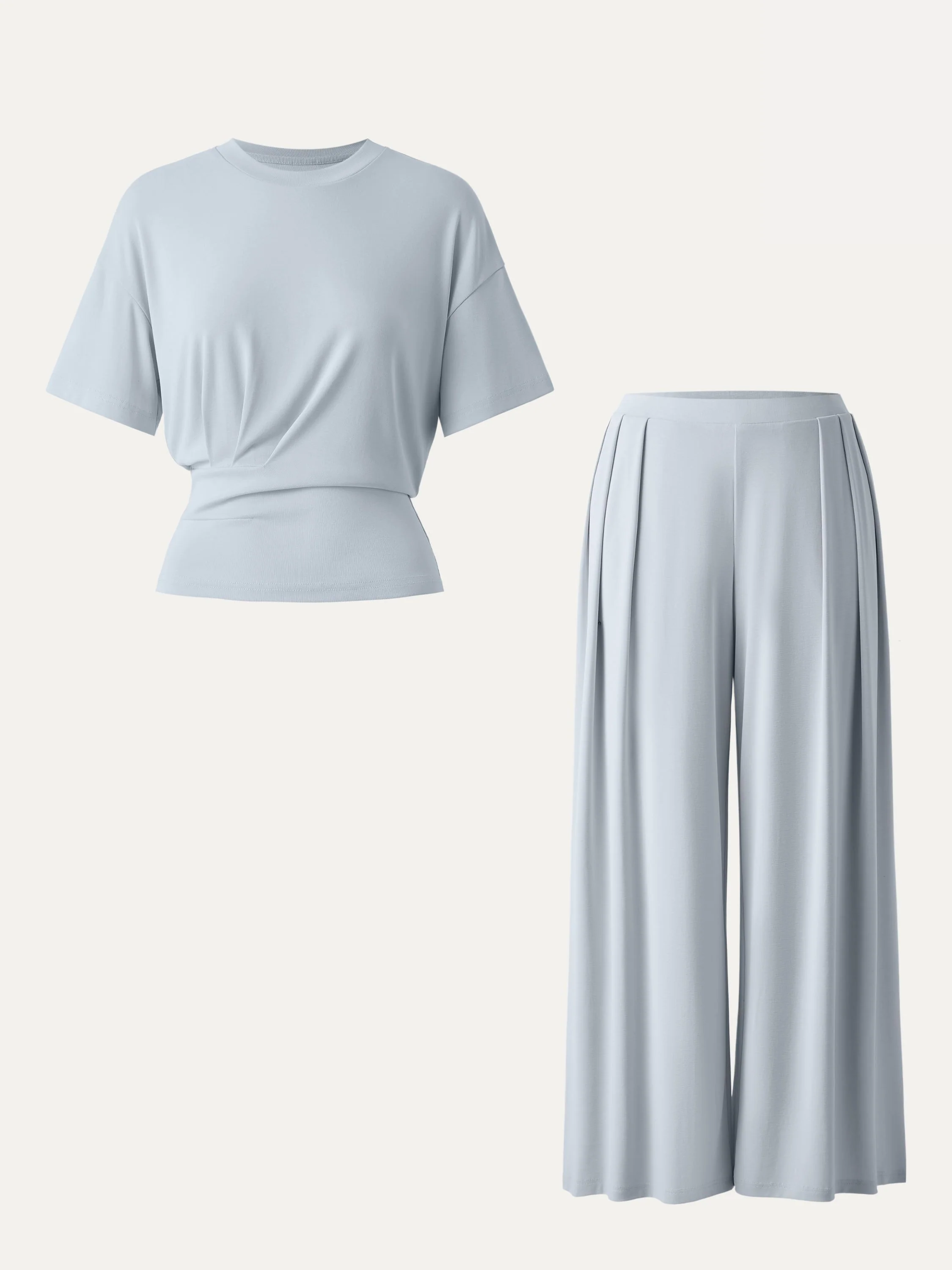 2Pcs Set Crewneck Short Sleeve Tee & Mid Rise Pleated Wide Leg Pant with Pockets - Image 6