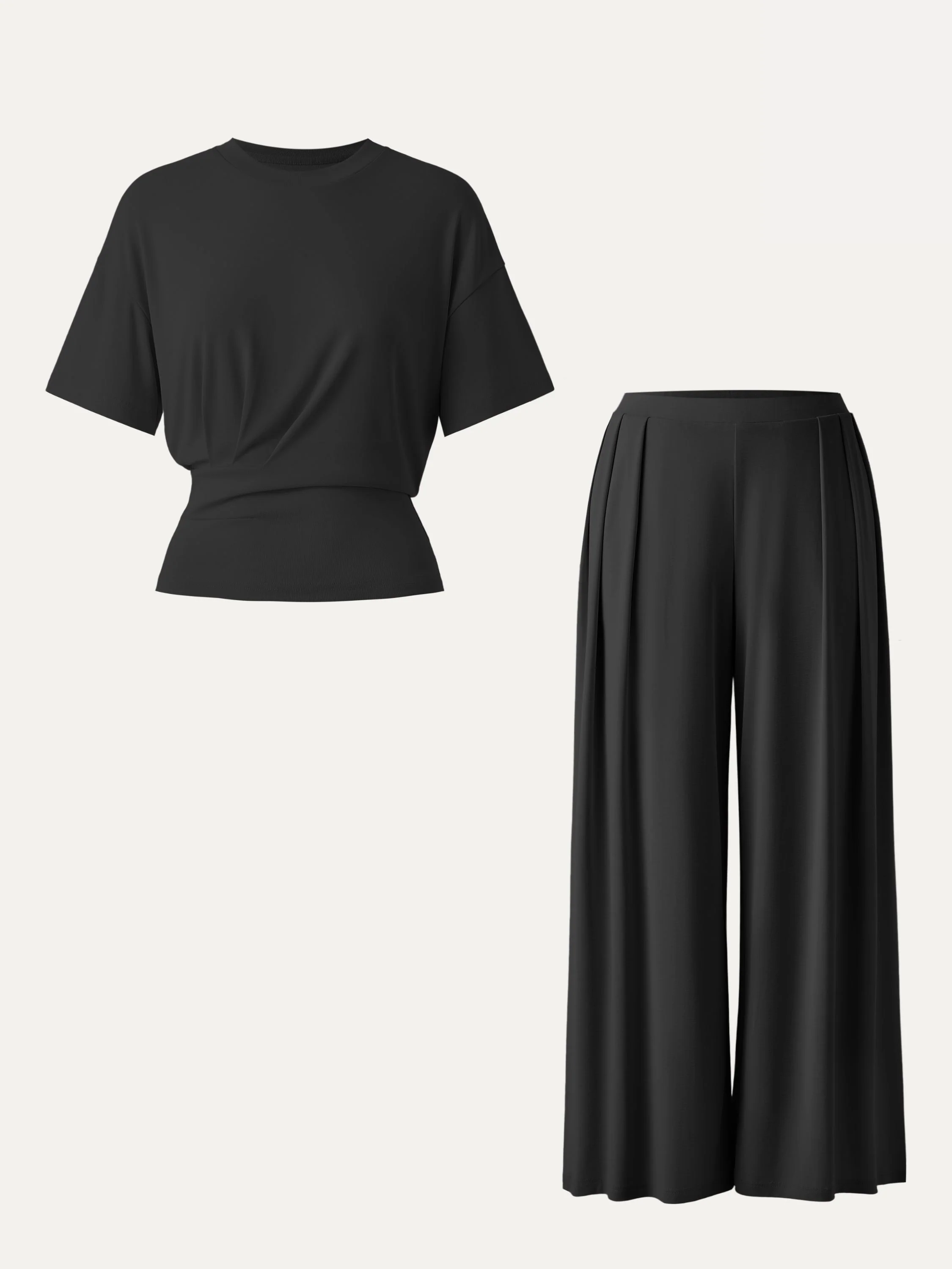 2Pcs Set Crewneck Short Sleeve Tee & Mid Rise Pleated Wide Leg Pant with Pockets - Image 7