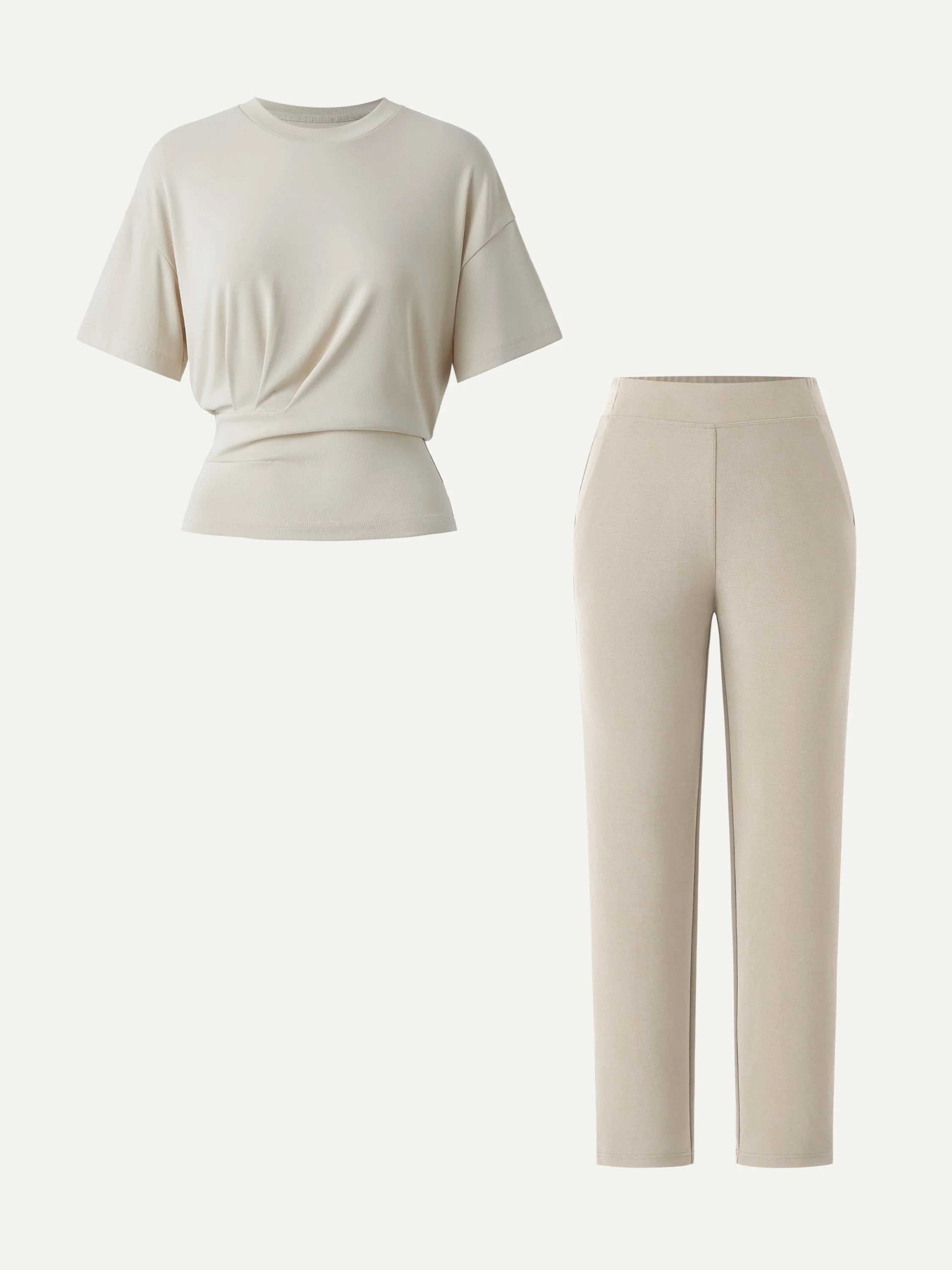 2Pcs Set Crewneck Tucked Tee & Mid Rise Tapered Pant with Pockets - Image 2