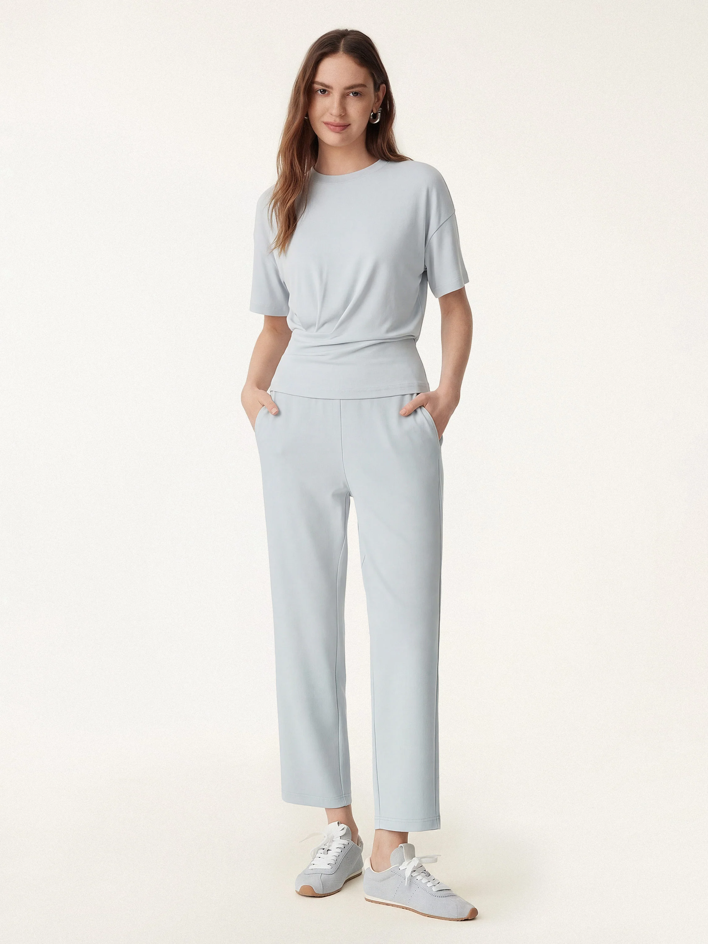 2Pcs Set Crewneck Tucked Tee & Mid Rise Tapered Pant with Pockets - Image 3