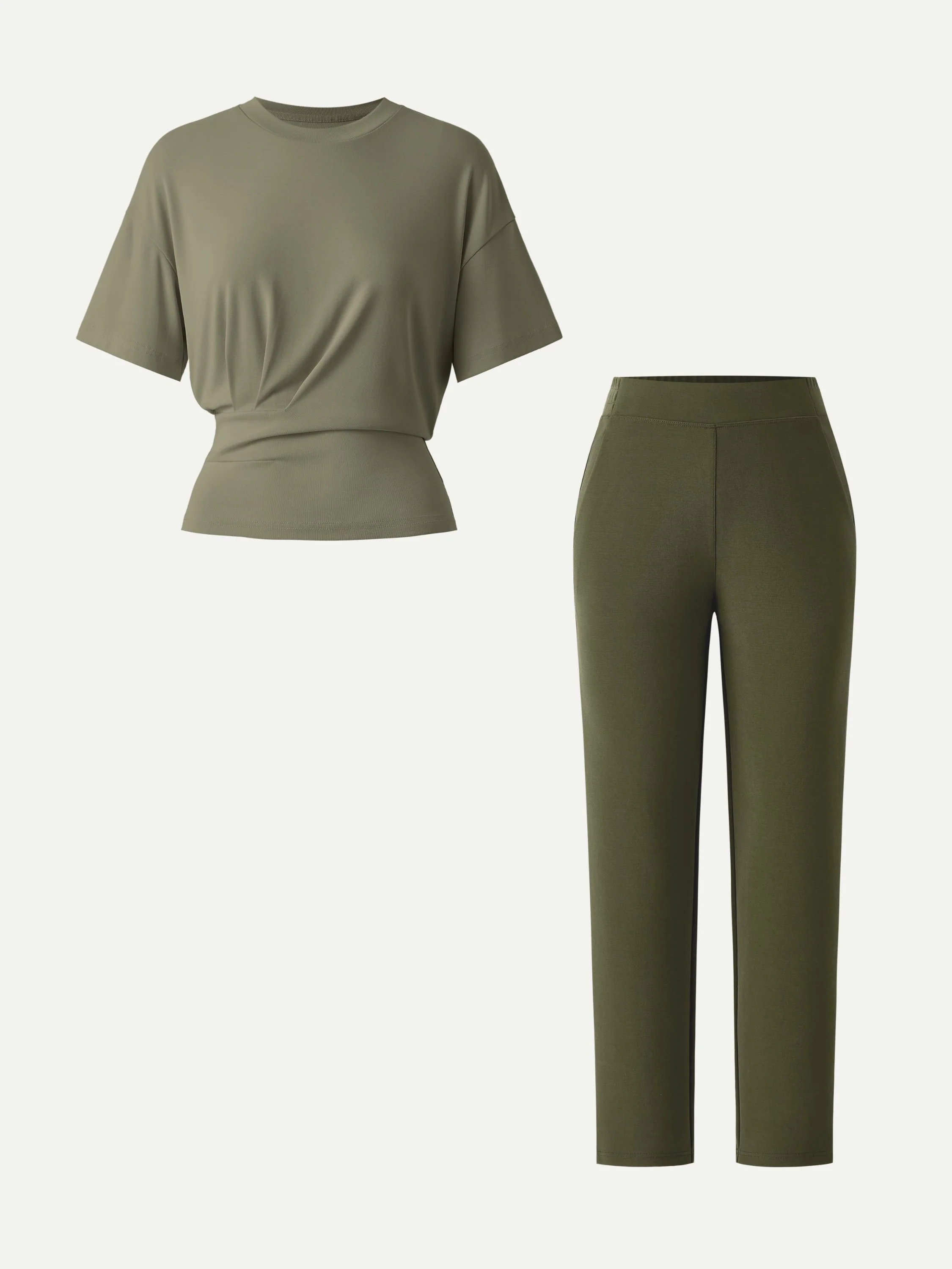 2Pcs Set Crewneck Tucked Tee & Mid Rise Tapered Pant with Pockets - Image 5
