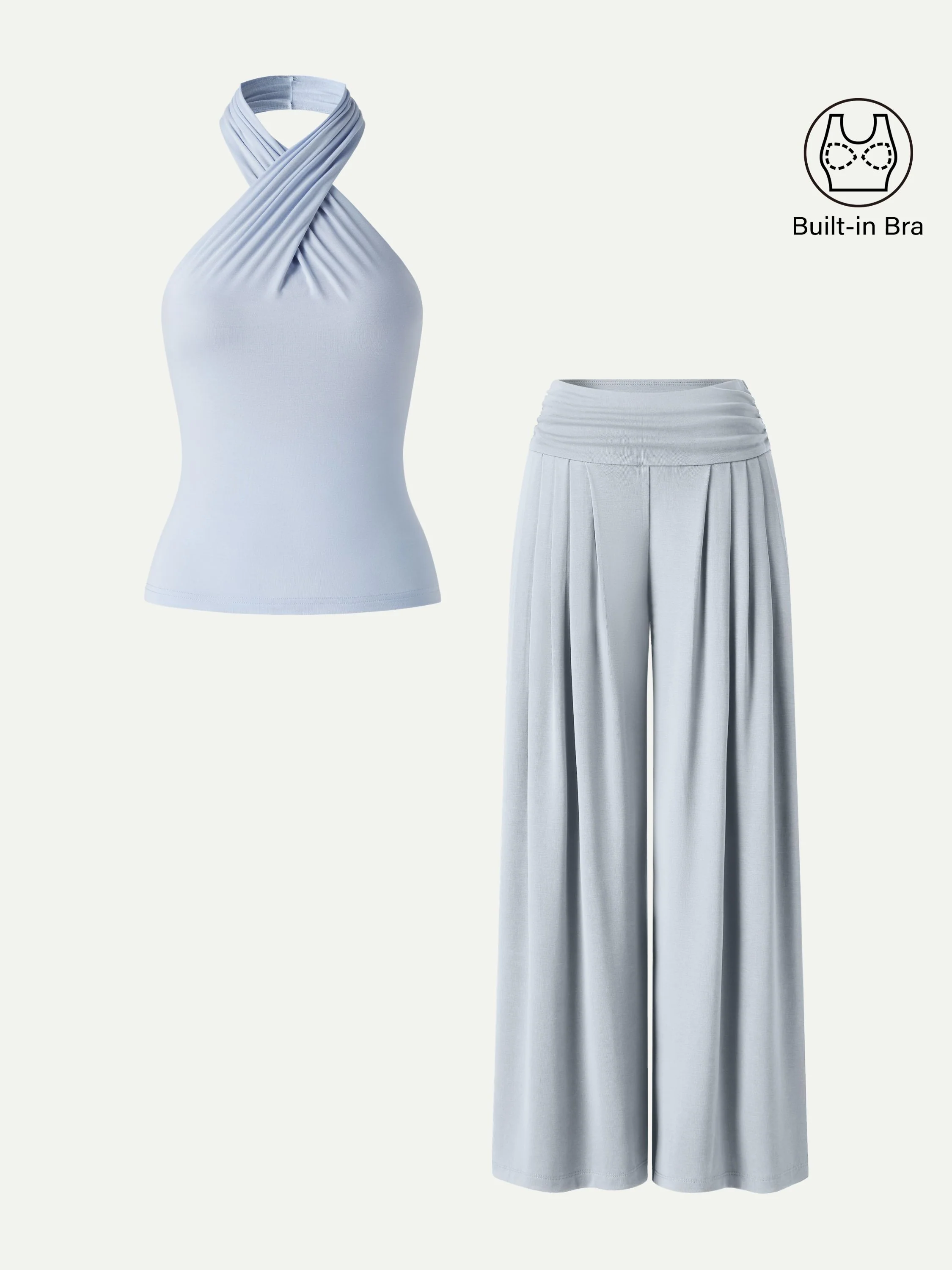 2Pcs Set Criss Cross Bra Top & Tucked Palazzo Pants with Pockets - Image 2