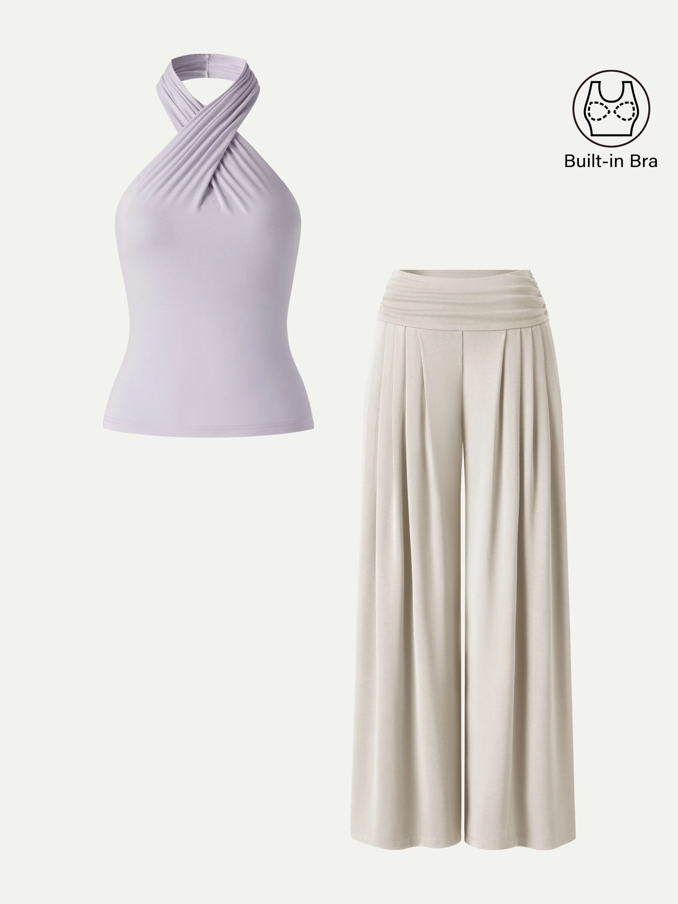 2Pcs Set Criss Cross Bra Top & Tucked Palazzo Pants with Pockets - Image 5