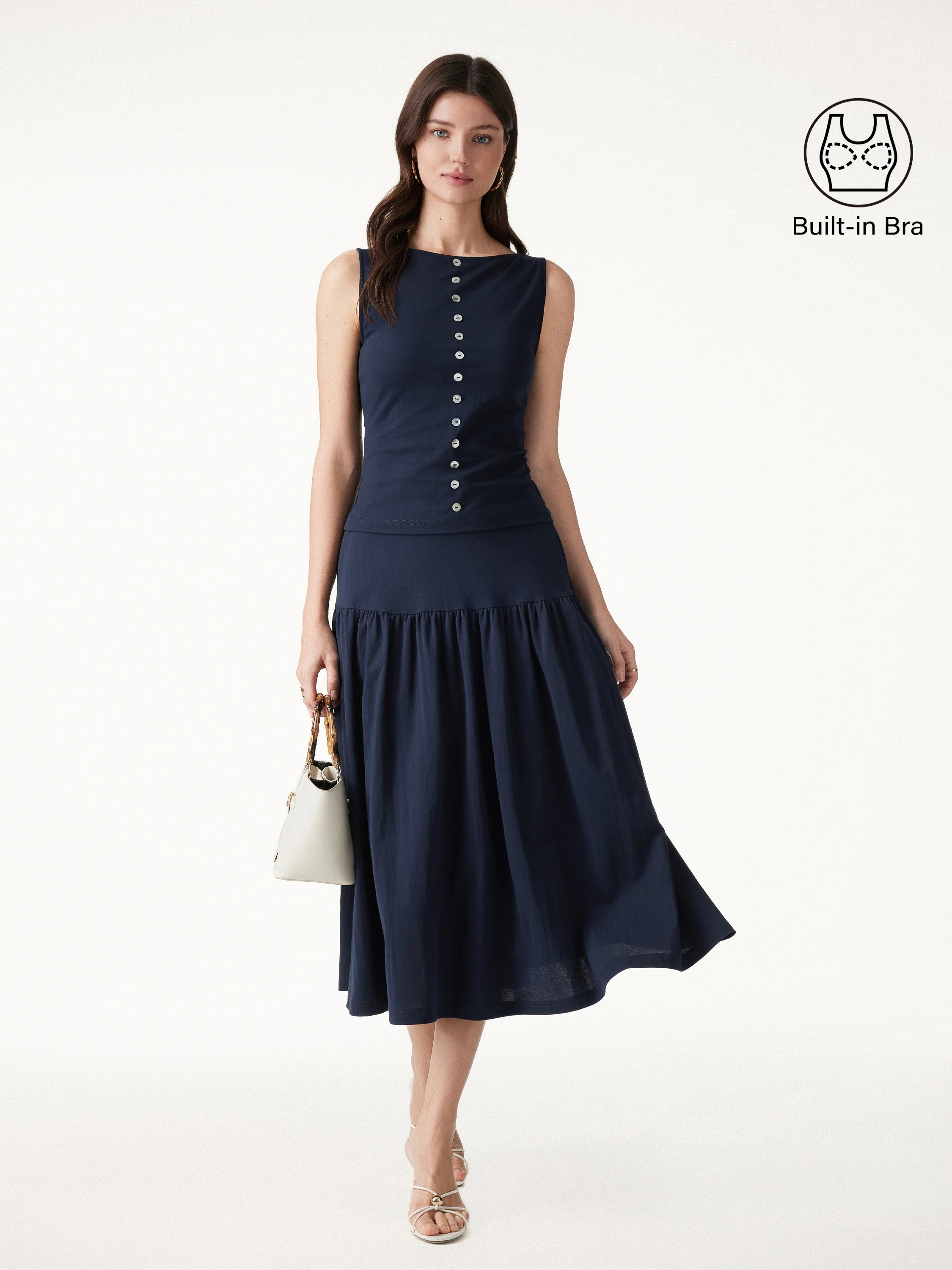 2Pcs Set Cropped Bra Top & Midi Skirt with Pockets - Image 2