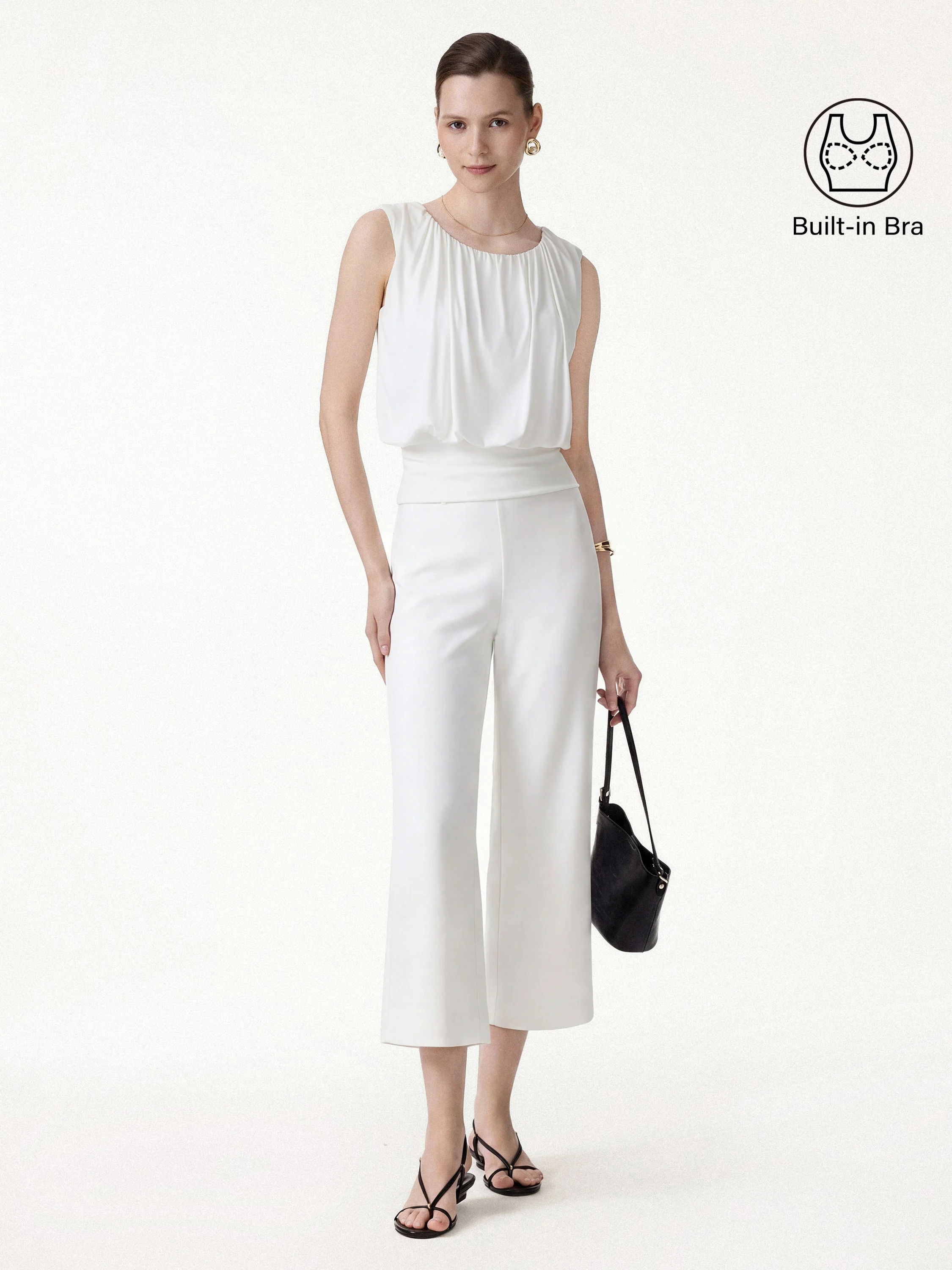 2Pcs Set Gathered Bra Top & Cropped Wide Leg Pants