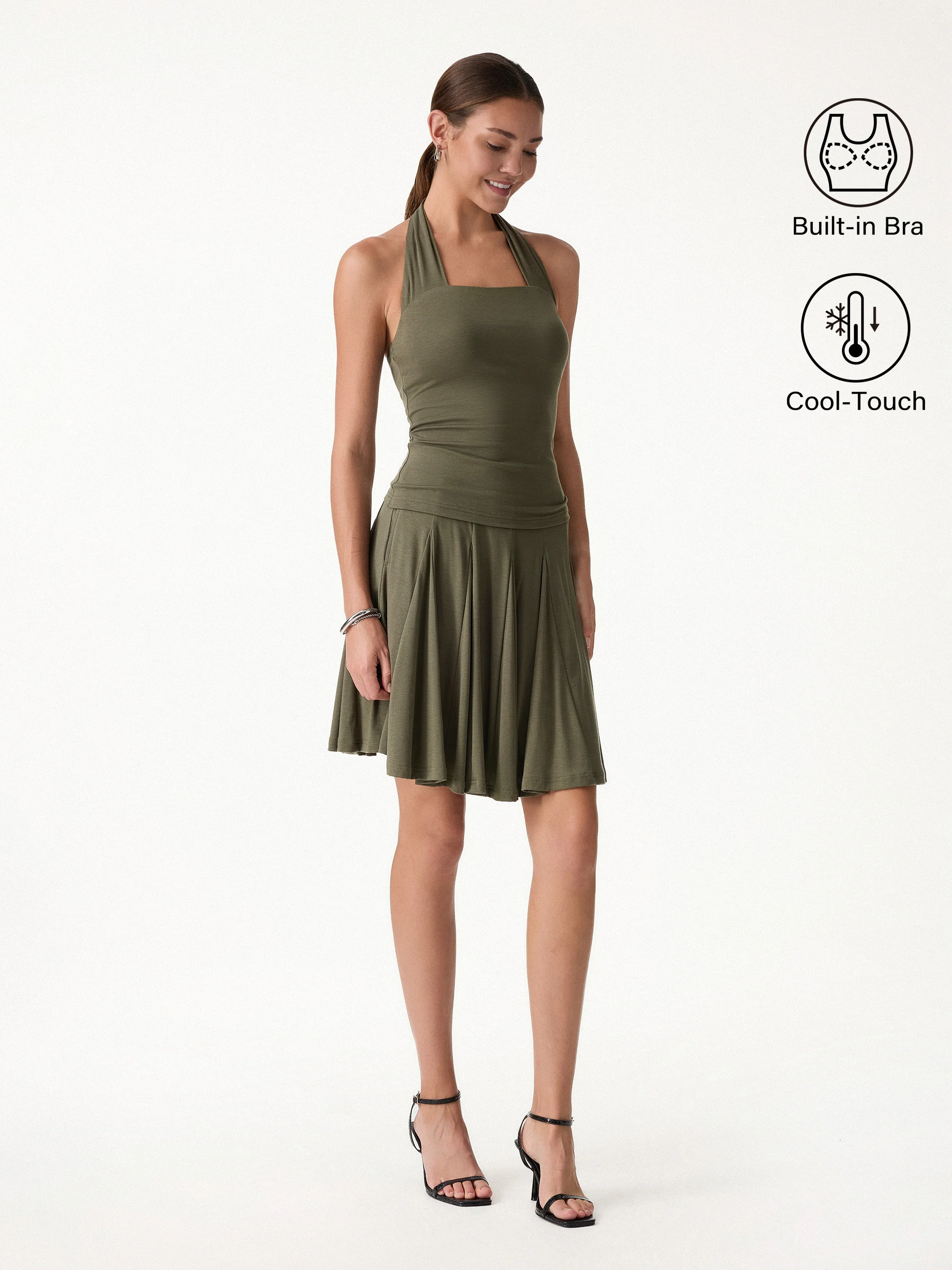 2Pcs Set Halter Going-Out Bra Top & Knee-Length Flare Skirt