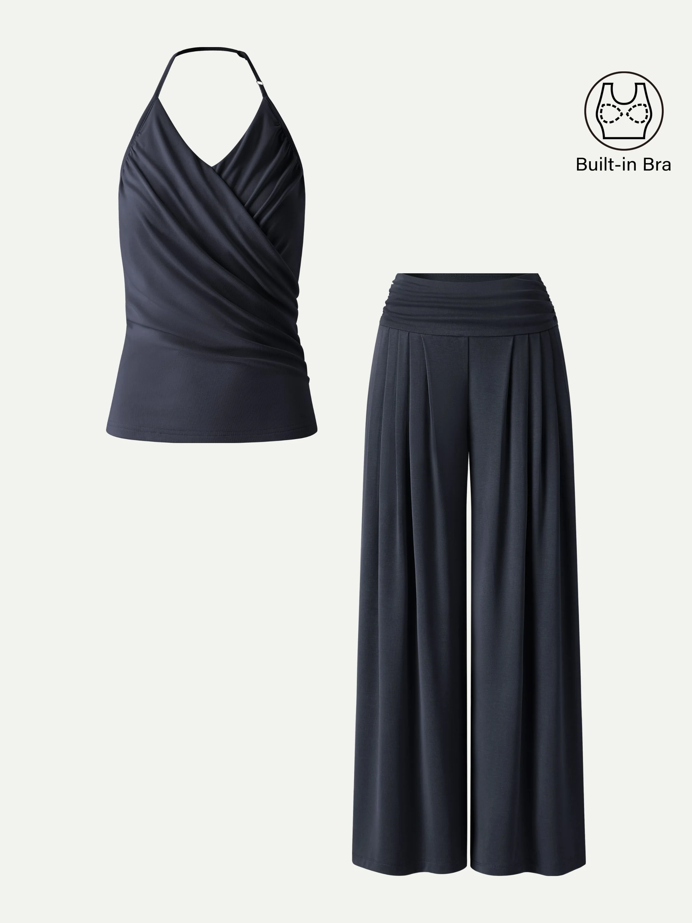 2Pcs Set Halter Neck Surplice Bra Top & Tucked Palazzo Pant with Pockets - Image 10