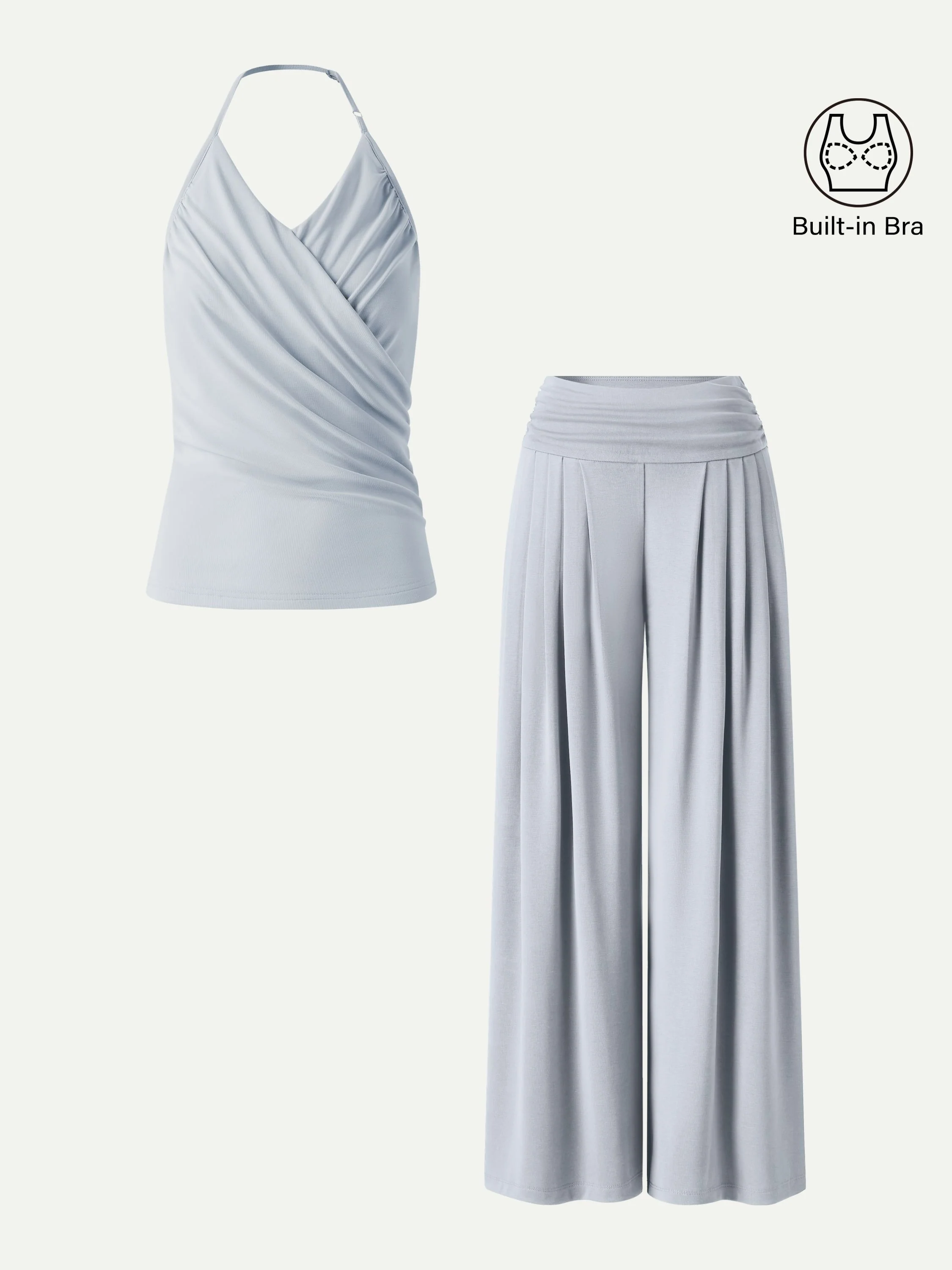 2Pcs Set Halter Neck Surplice Bra Top & Tucked Palazzo Pant with Pockets - Image 2