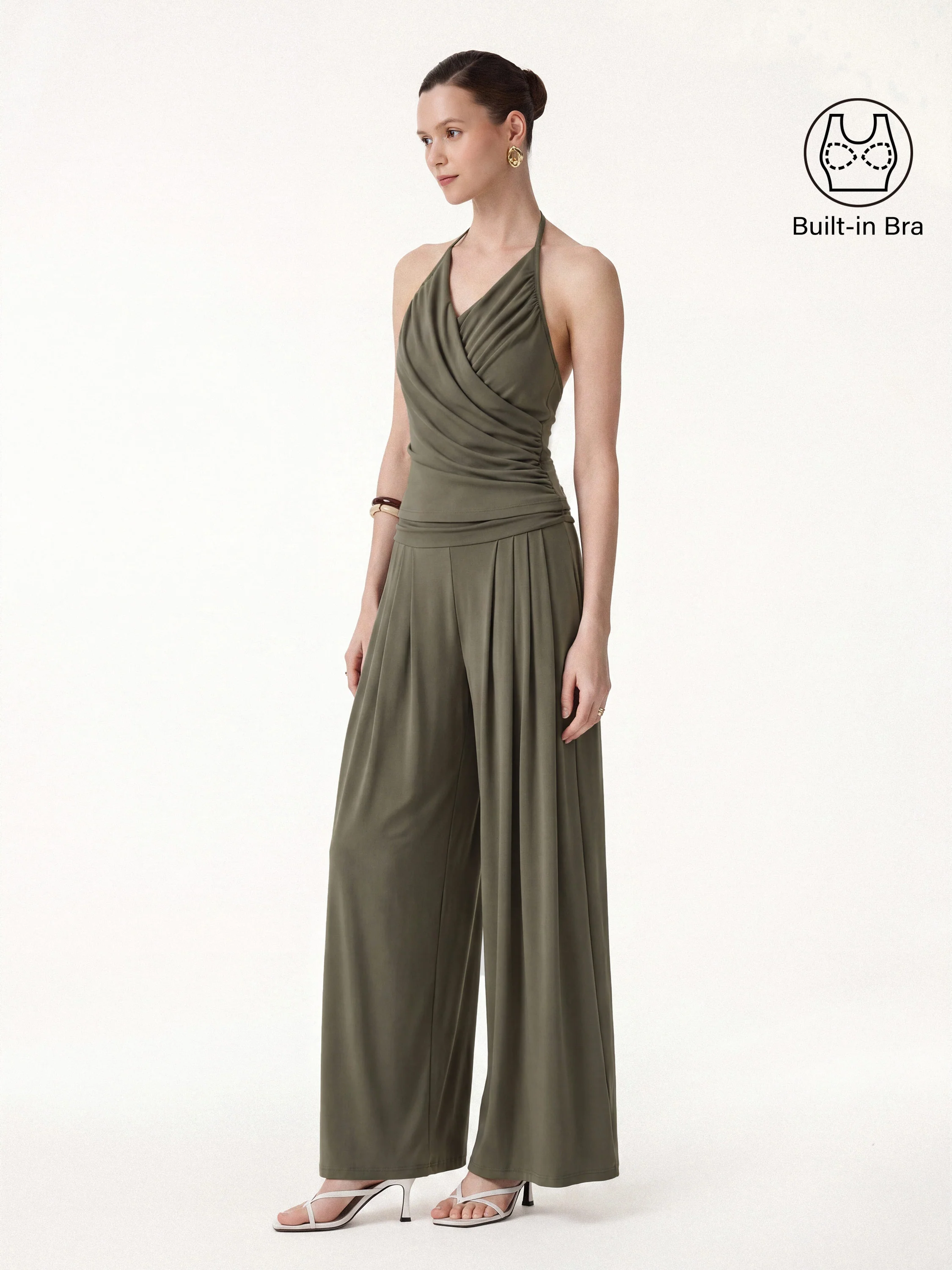 2Pcs Set Halter Neck Surplice Bra Top & Tucked Palazzo Pant with Pockets - Image 5