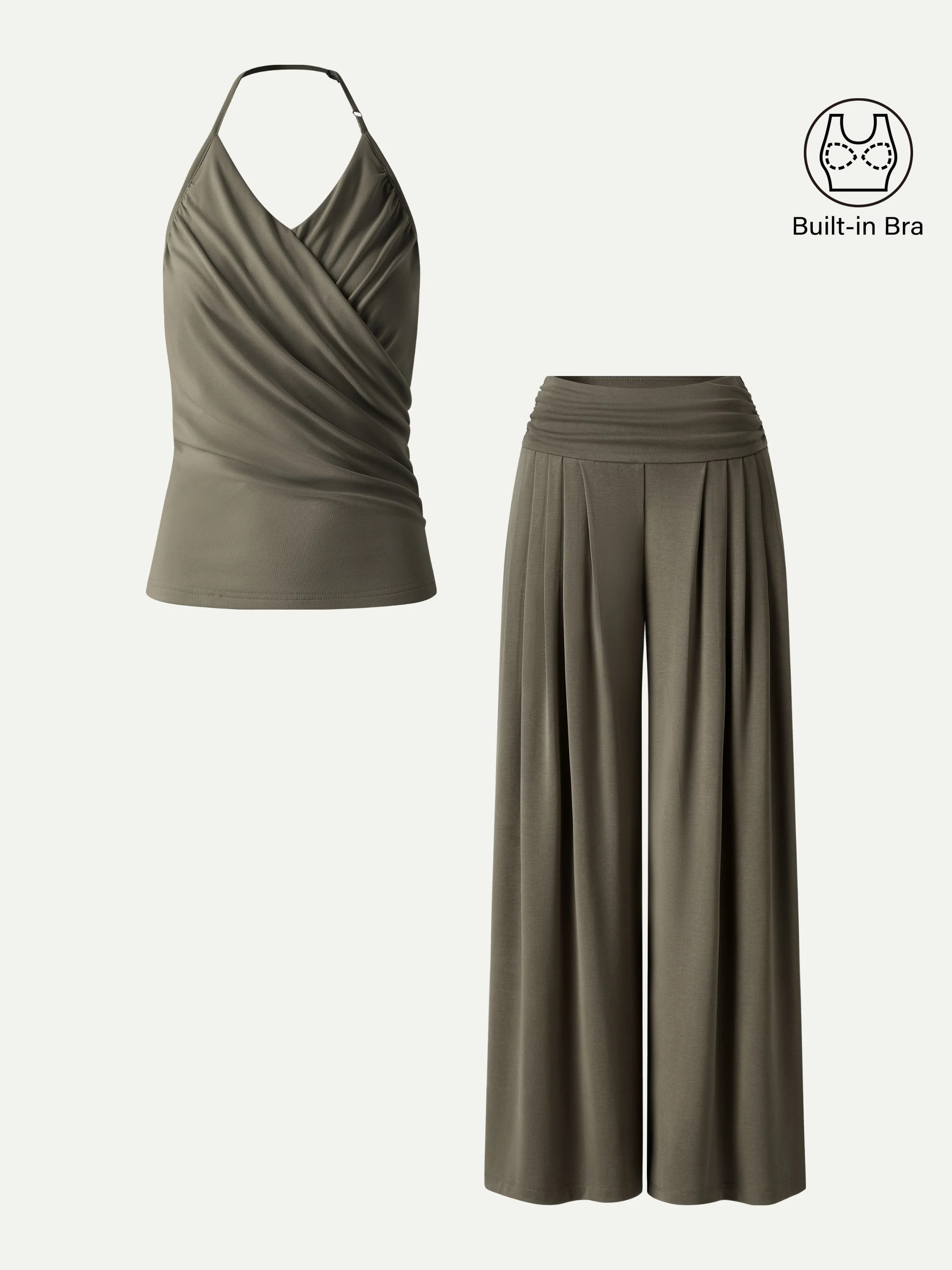 2Pcs Set Halter Neck Surplice Bra Top & Tucked Palazzo Pant with Pockets - Image 6