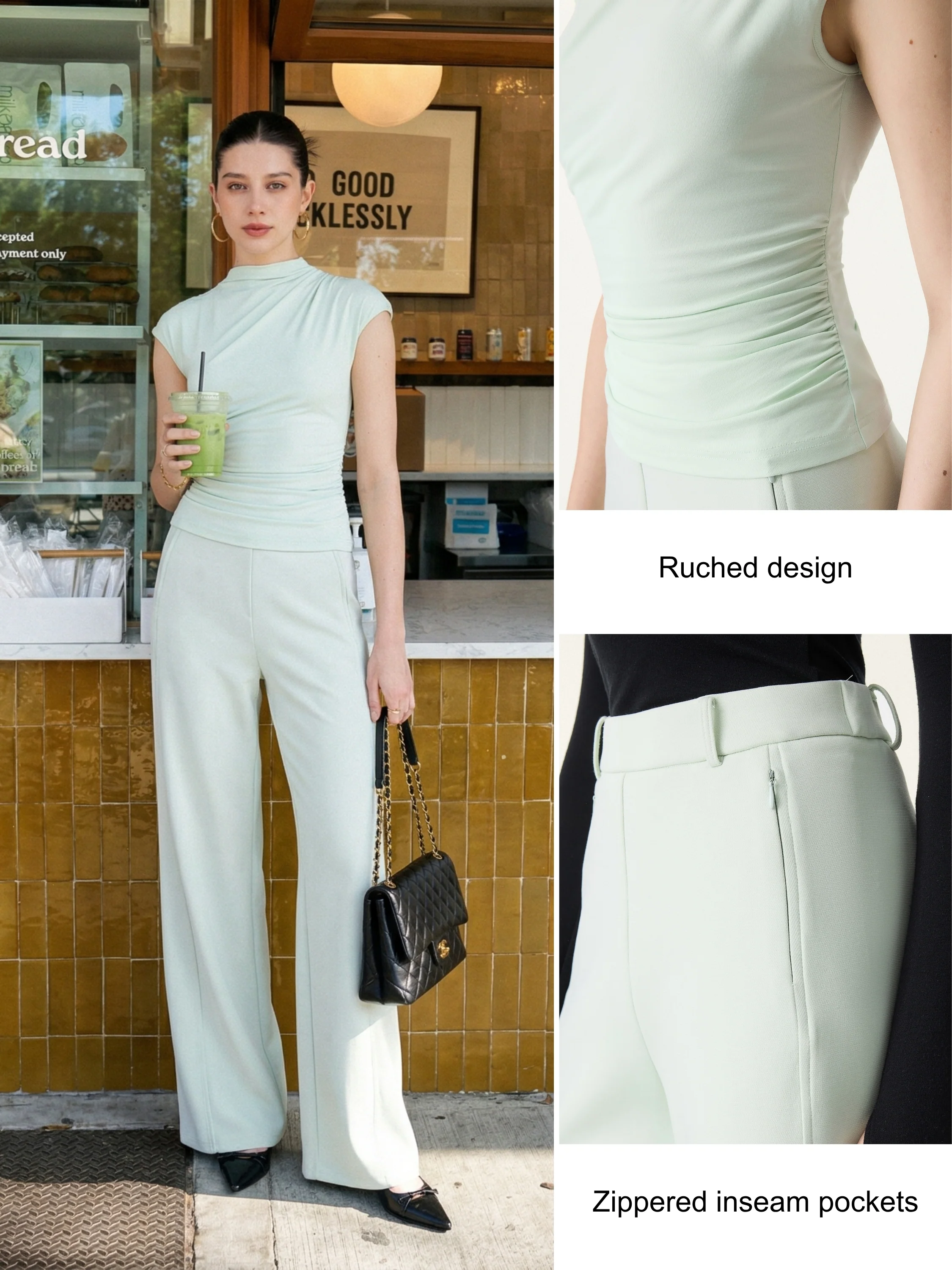 2Pcs Set Mockneck Cropped Bra Top & Slimming High Rise Wide Leg Pant - Image 2