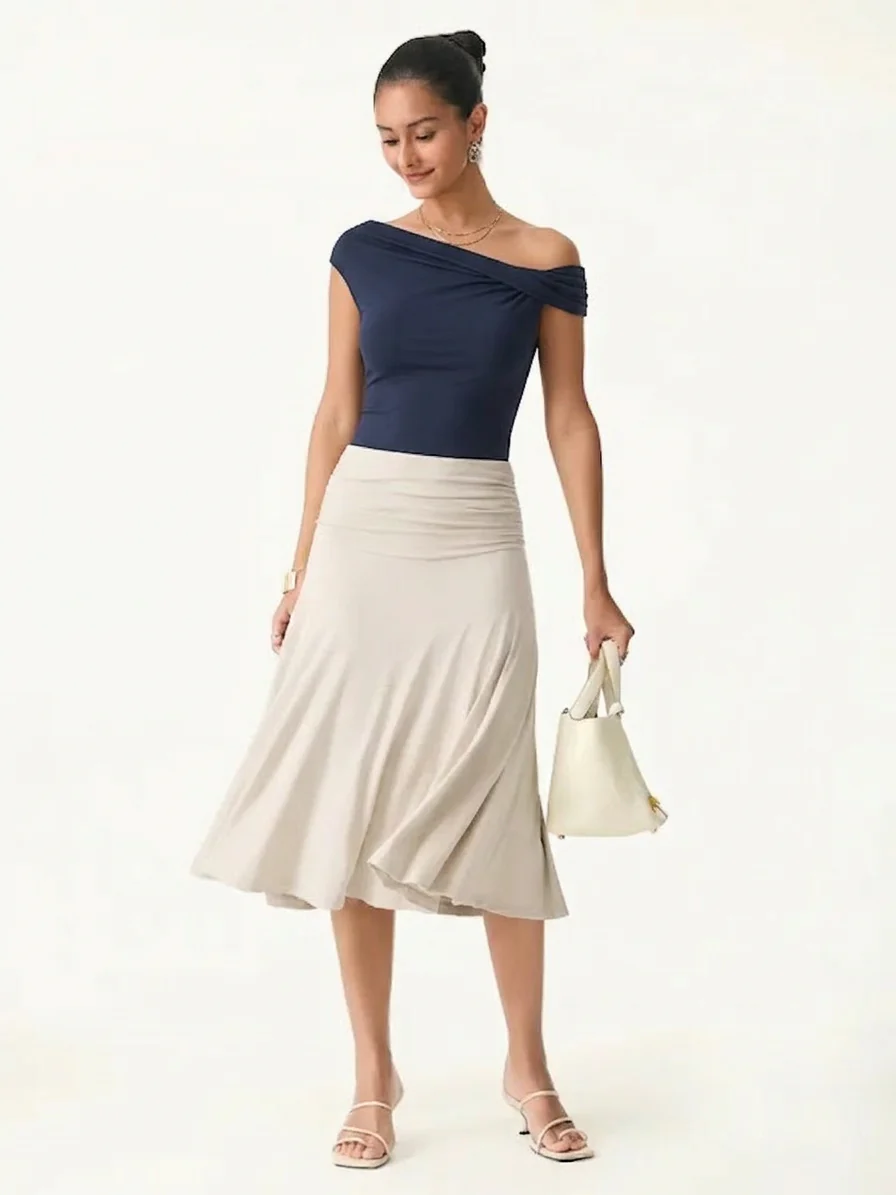 2Pcs Set Multi-wear Bra Top & Side Ruched A-line Midi Skirt - Image 20