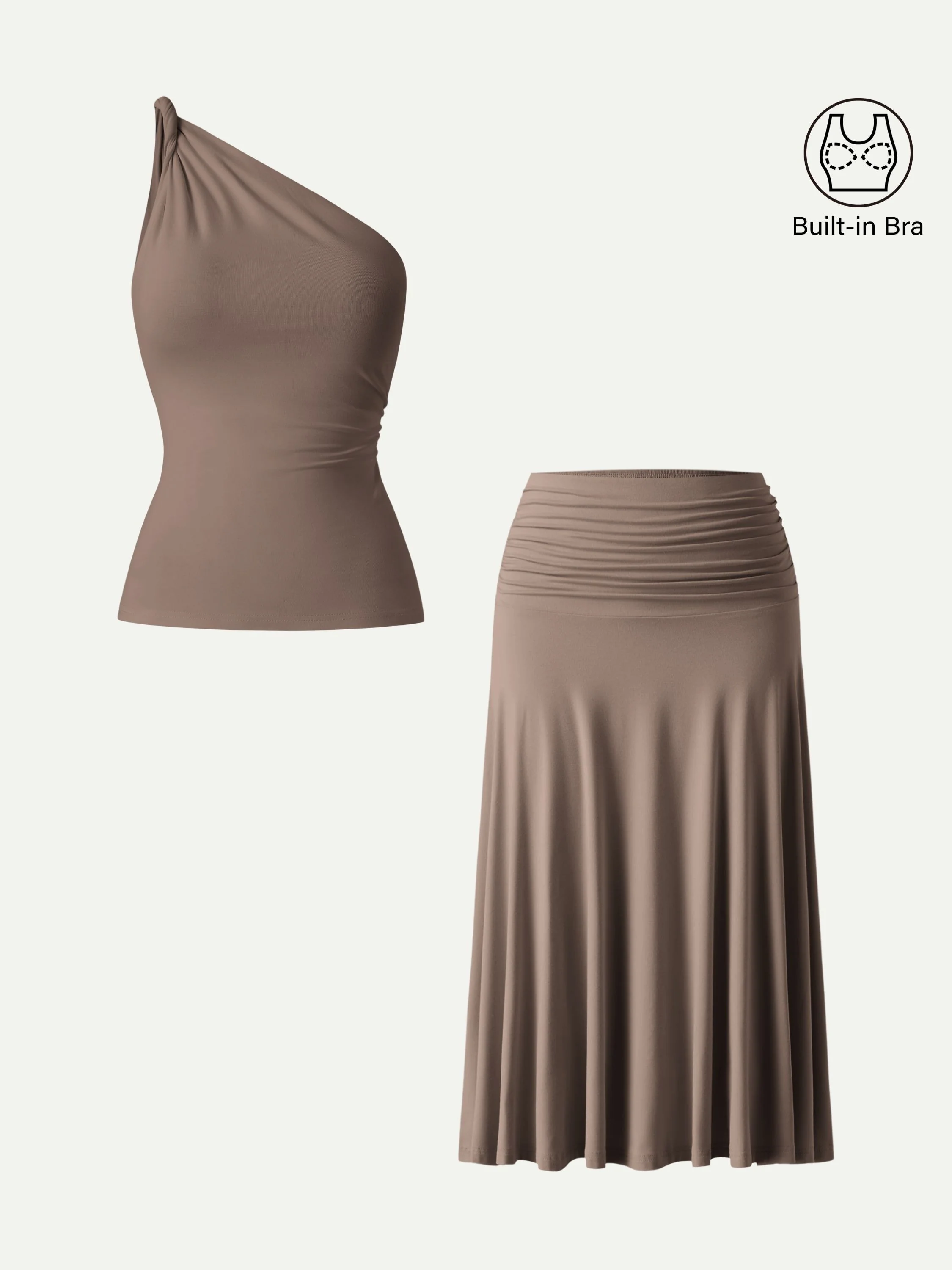 2Pcs Set One Shoulder Twisted Bra Tank & Side Ruched A-line Midi Skirt - Image 3