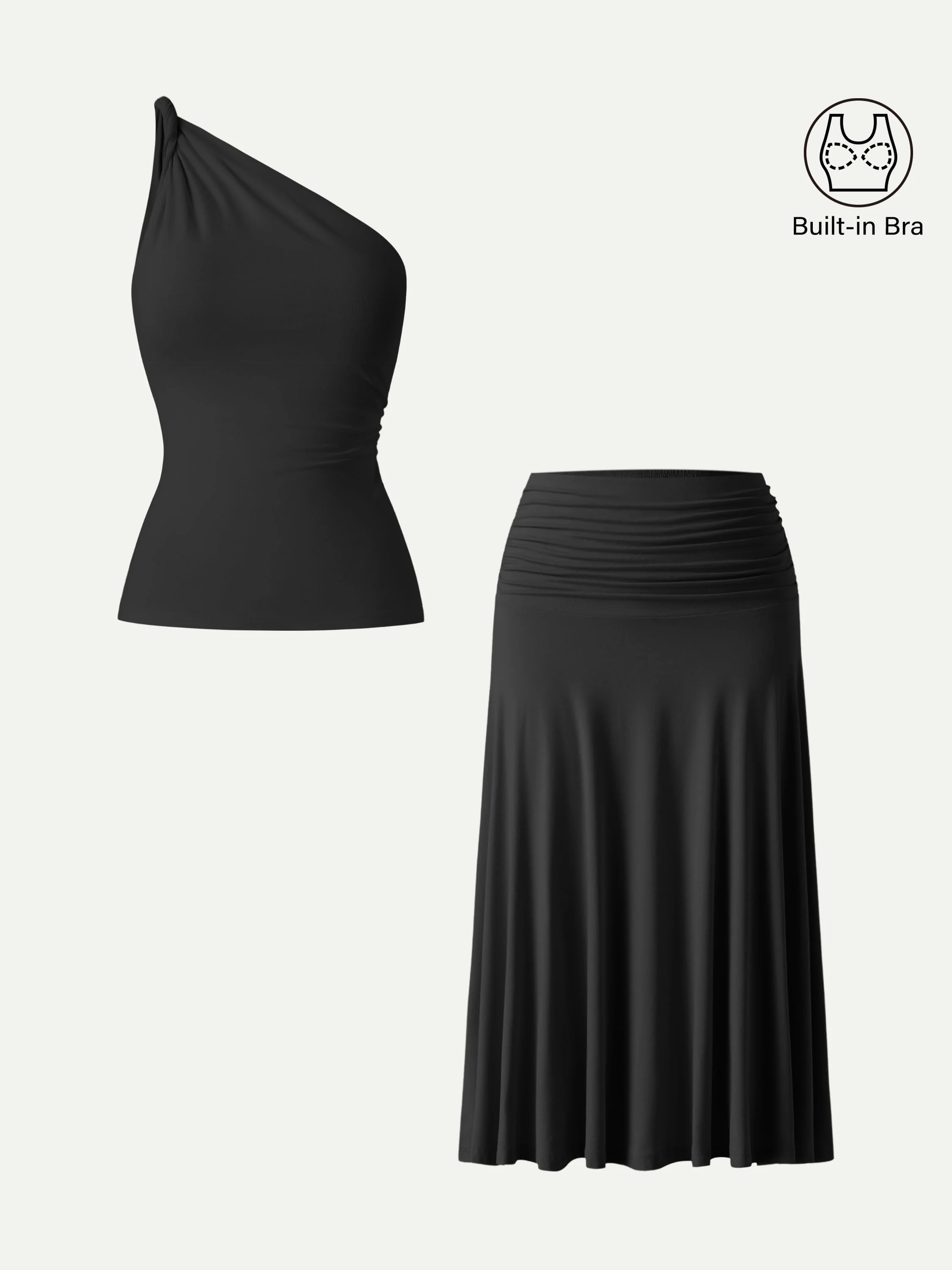 2Pcs Set One Shoulder Twisted Bra Tank & Side Ruched A-line Midi Skirt - Image 4