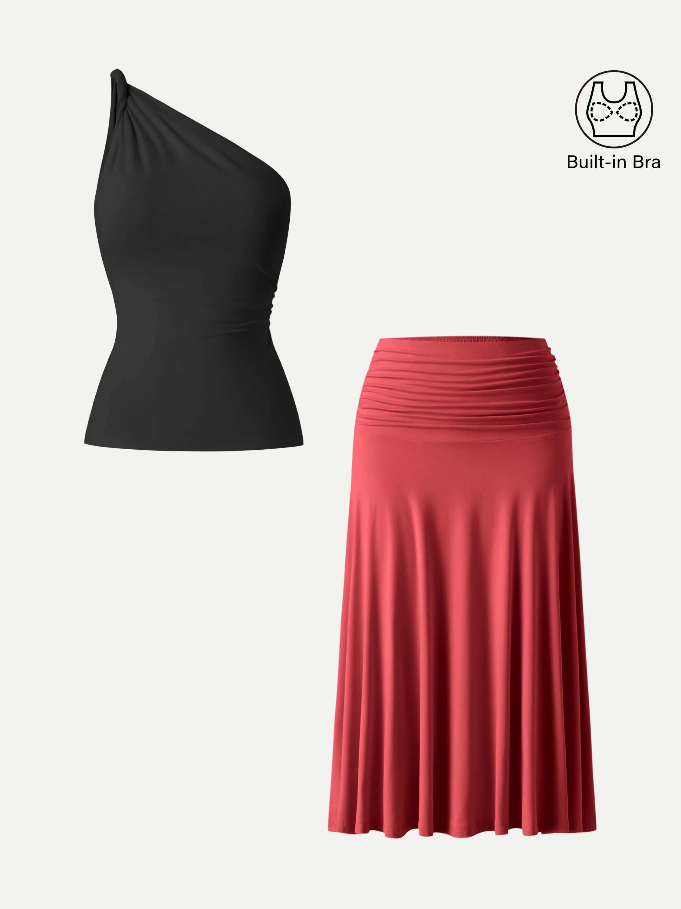 2Pcs Set One Shoulder Twisted Bra Tank & Side Ruched A-line Midi Skirt - Image 6