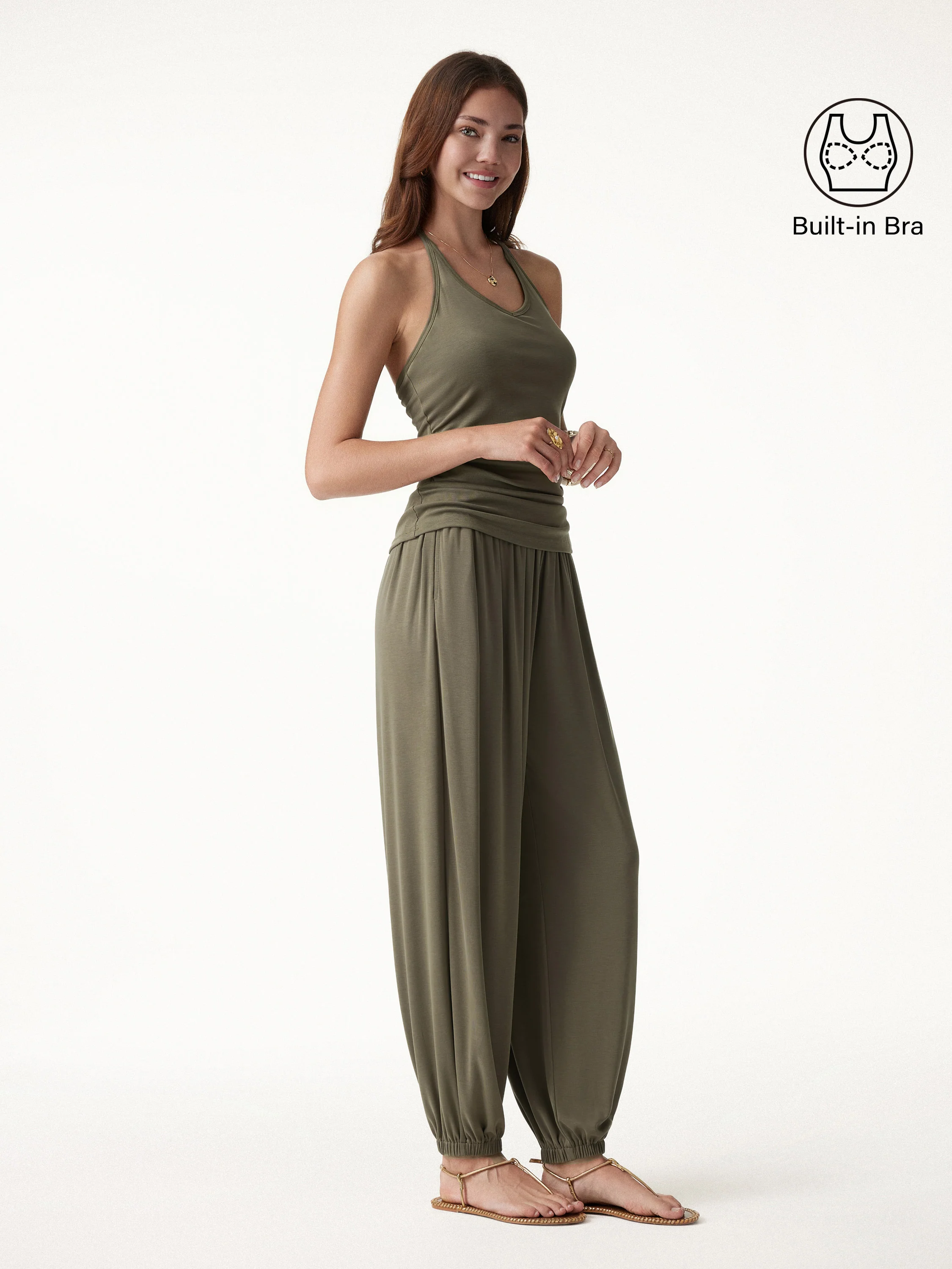 2Pcs Set Open Back Bra Top & Balloon Pants with Pockets