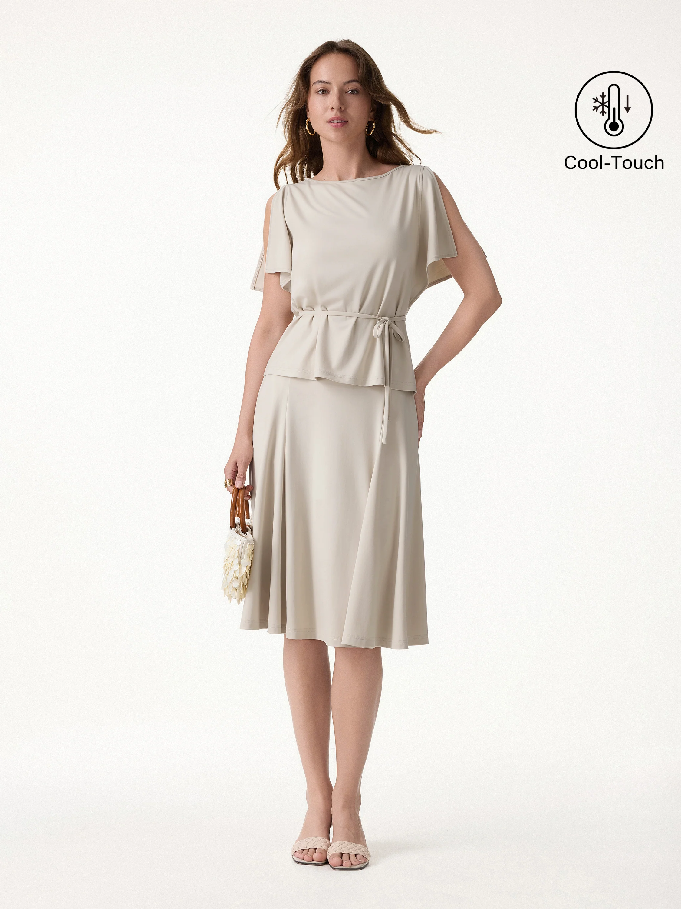 2Pcs Set Relaxed Boatneck Top & Midi Skirt with Pockets
