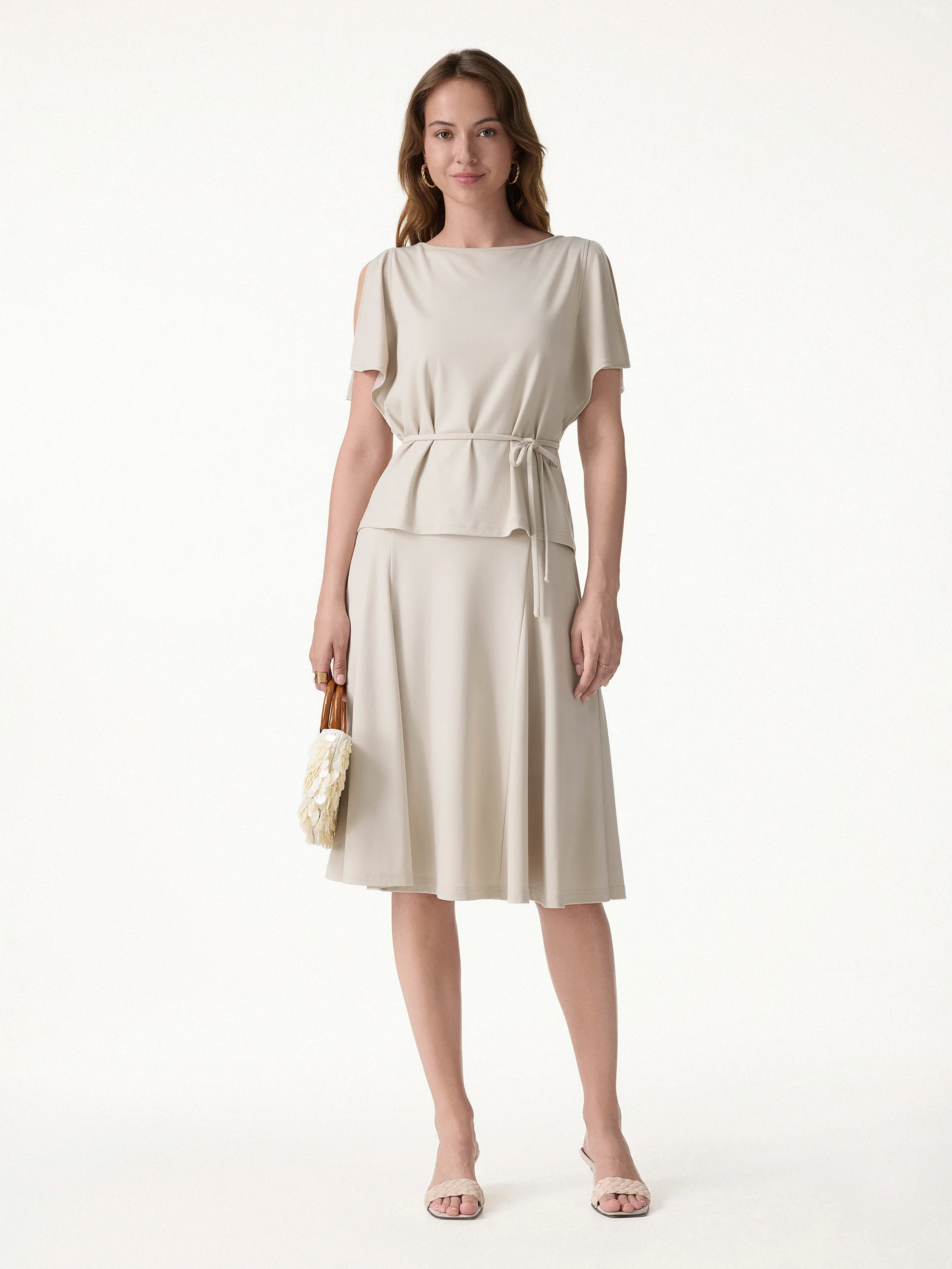 2Pcs Set Relaxed Boatneck Top & Midi Skirt with Pockets - Image 2