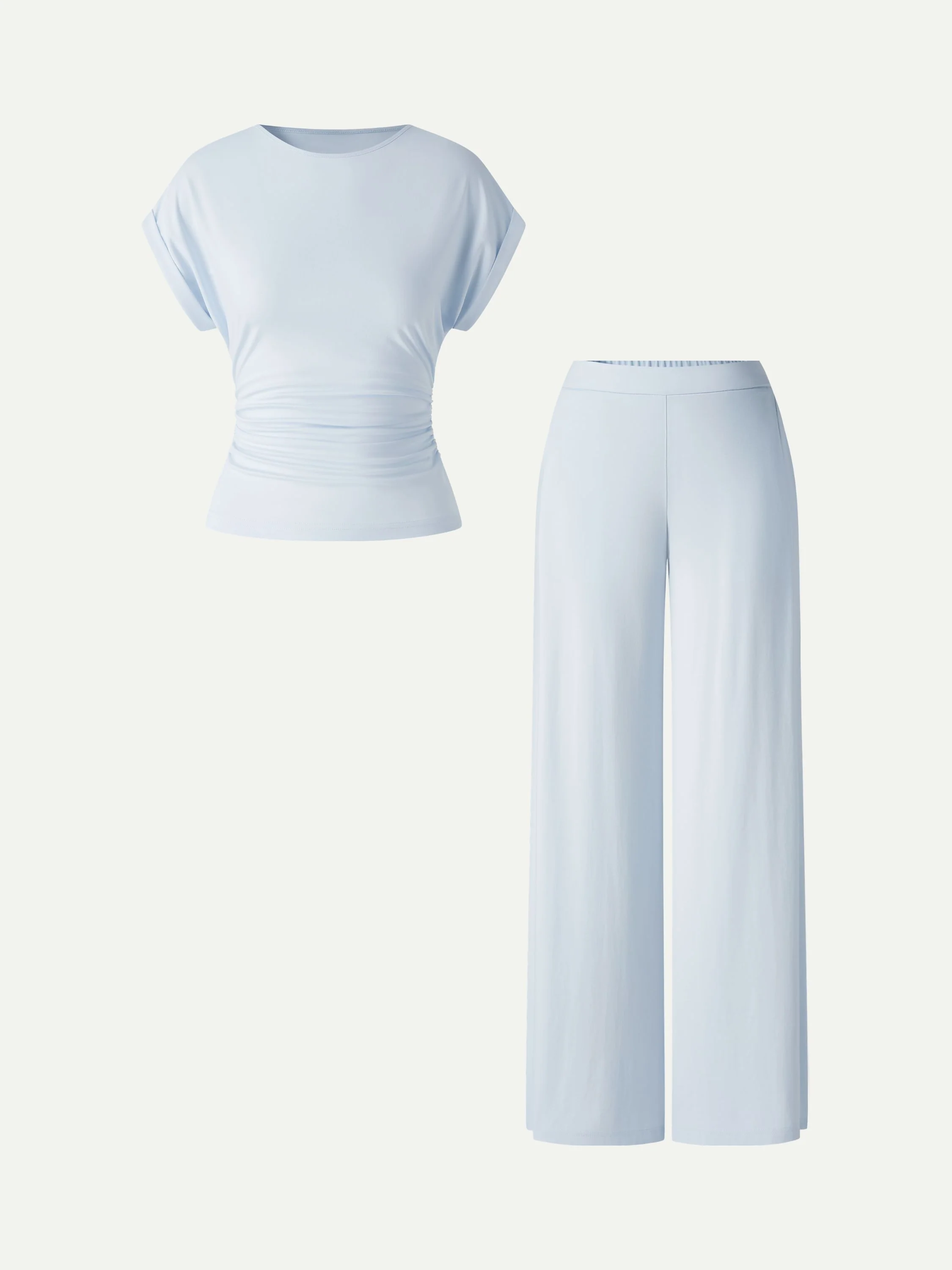 2Pcs Set Round Neck Ruched Tee & Mid Rise Wide Leg Pants - Image 11