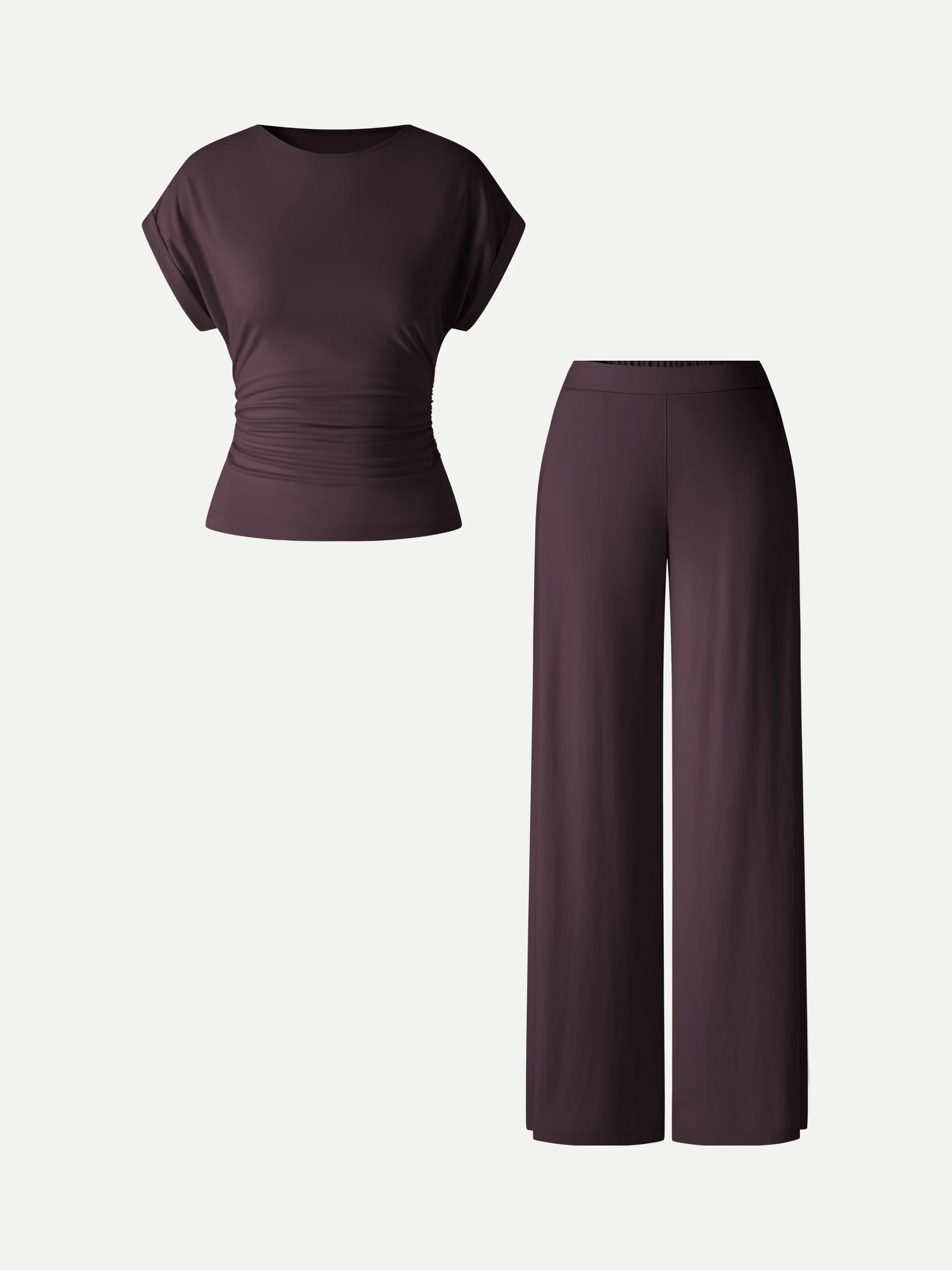 2Pcs Set Round Neck Ruched Tee & Mid Rise Wide Leg Pants - Image 12