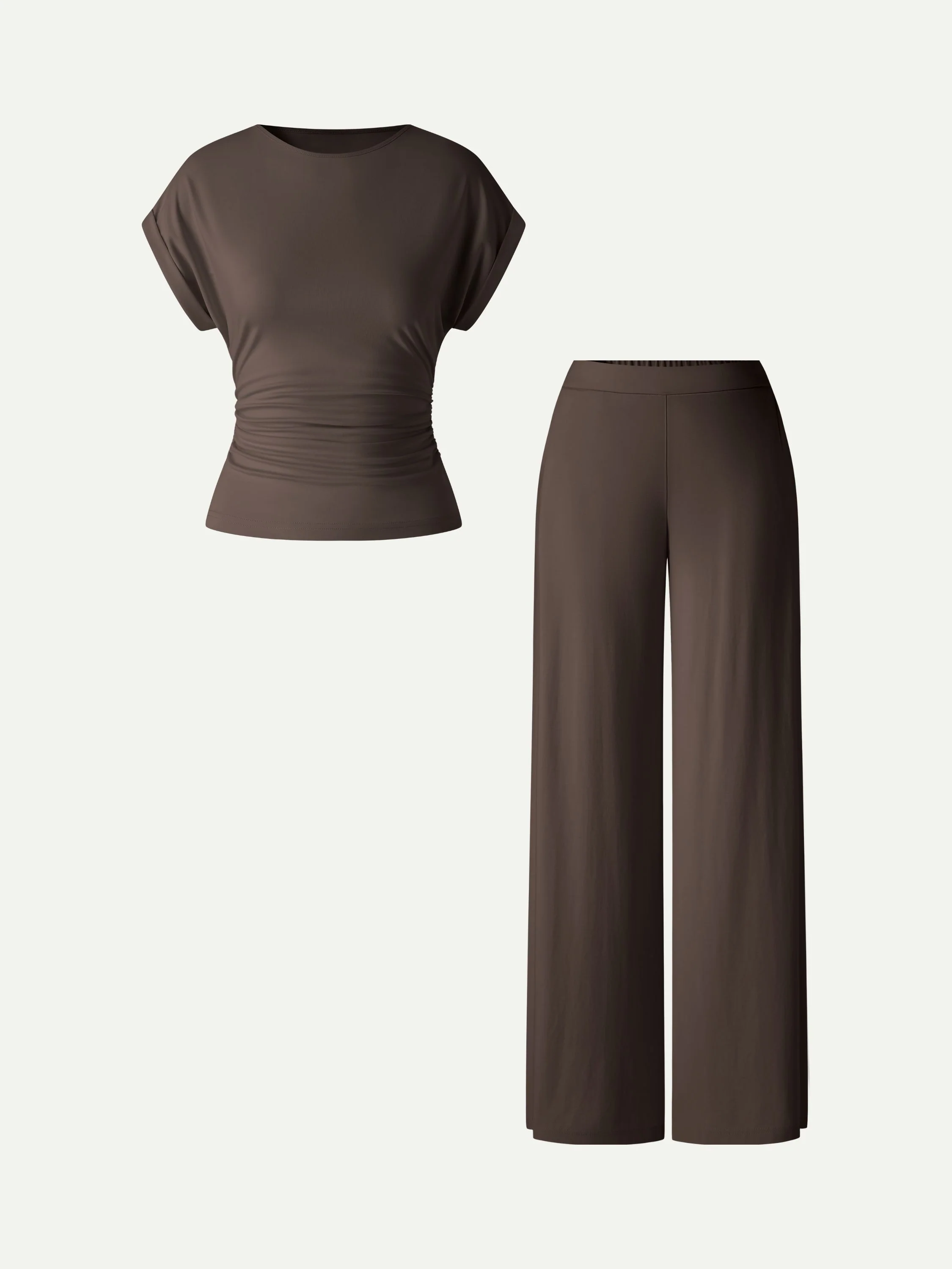 2Pcs Set Round Neck Ruched Tee & Mid Rise Wide Leg Pants - Image 13