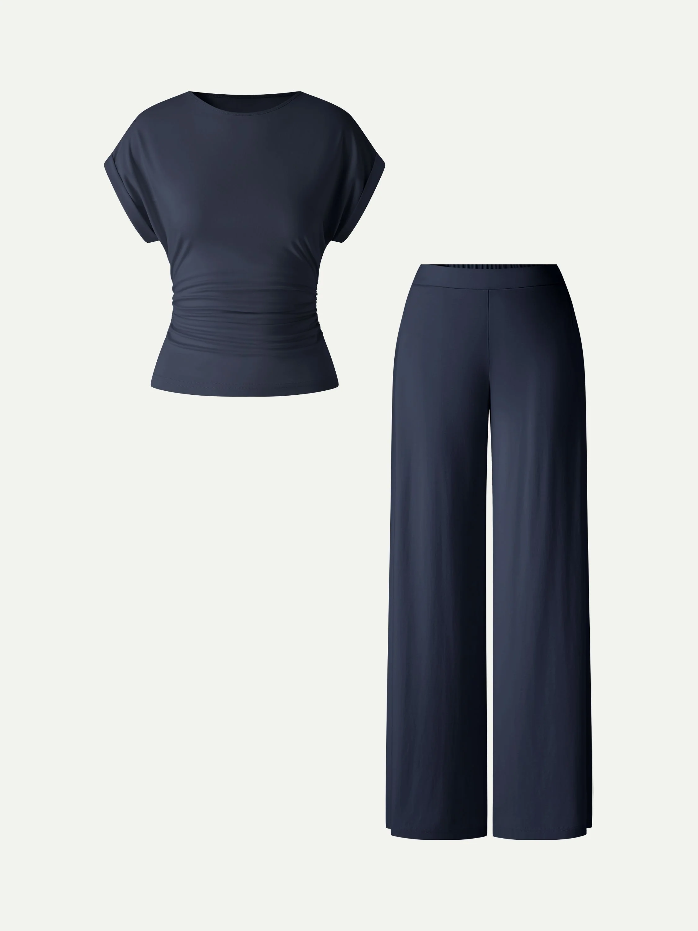 2Pcs Set Round Neck Ruched Tee & Mid Rise Wide Leg Pants - Image 14