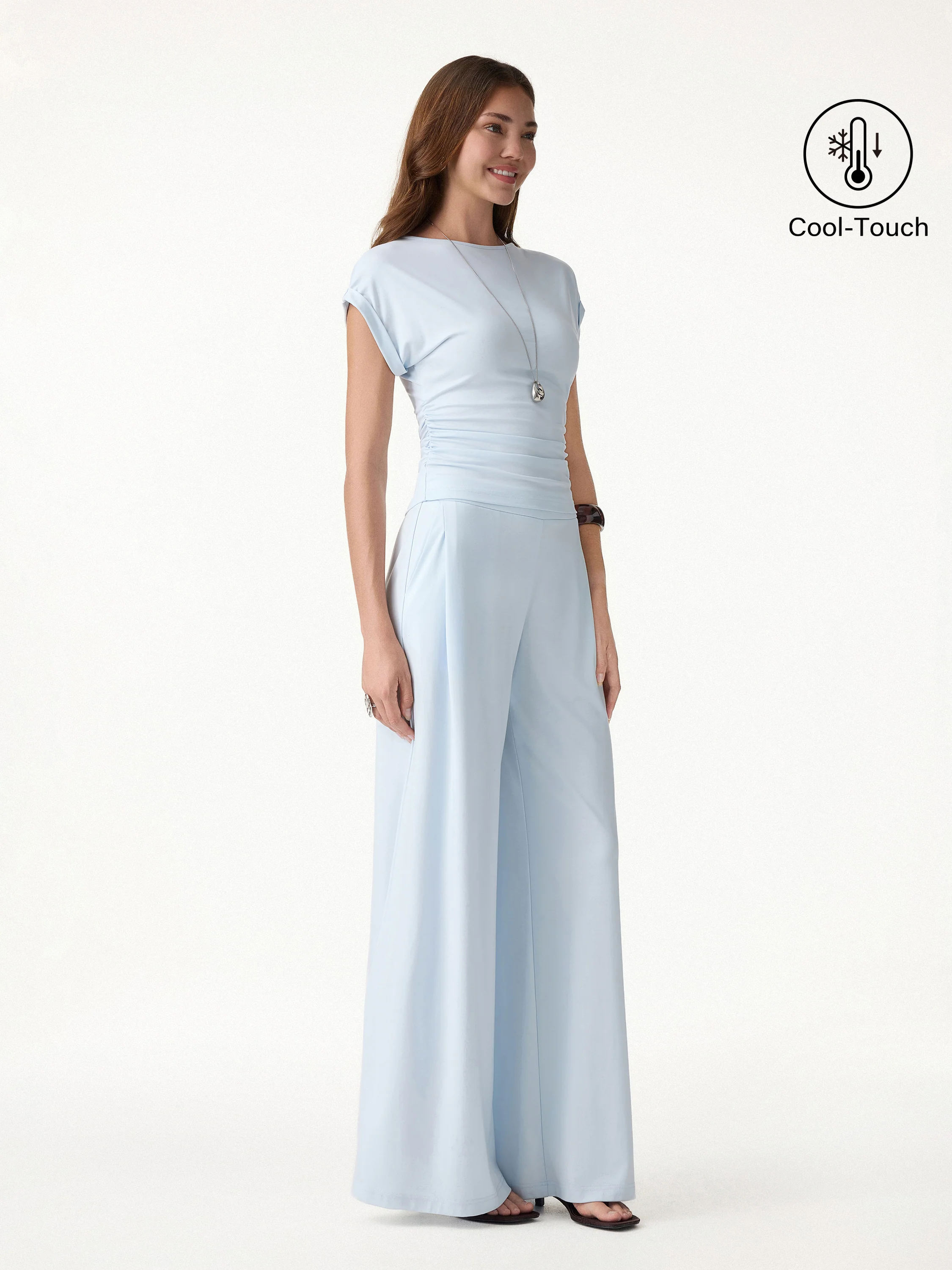 2Pcs Set Round Neck Ruched Tee & Mid Rise Wide Leg Pants - Image 4