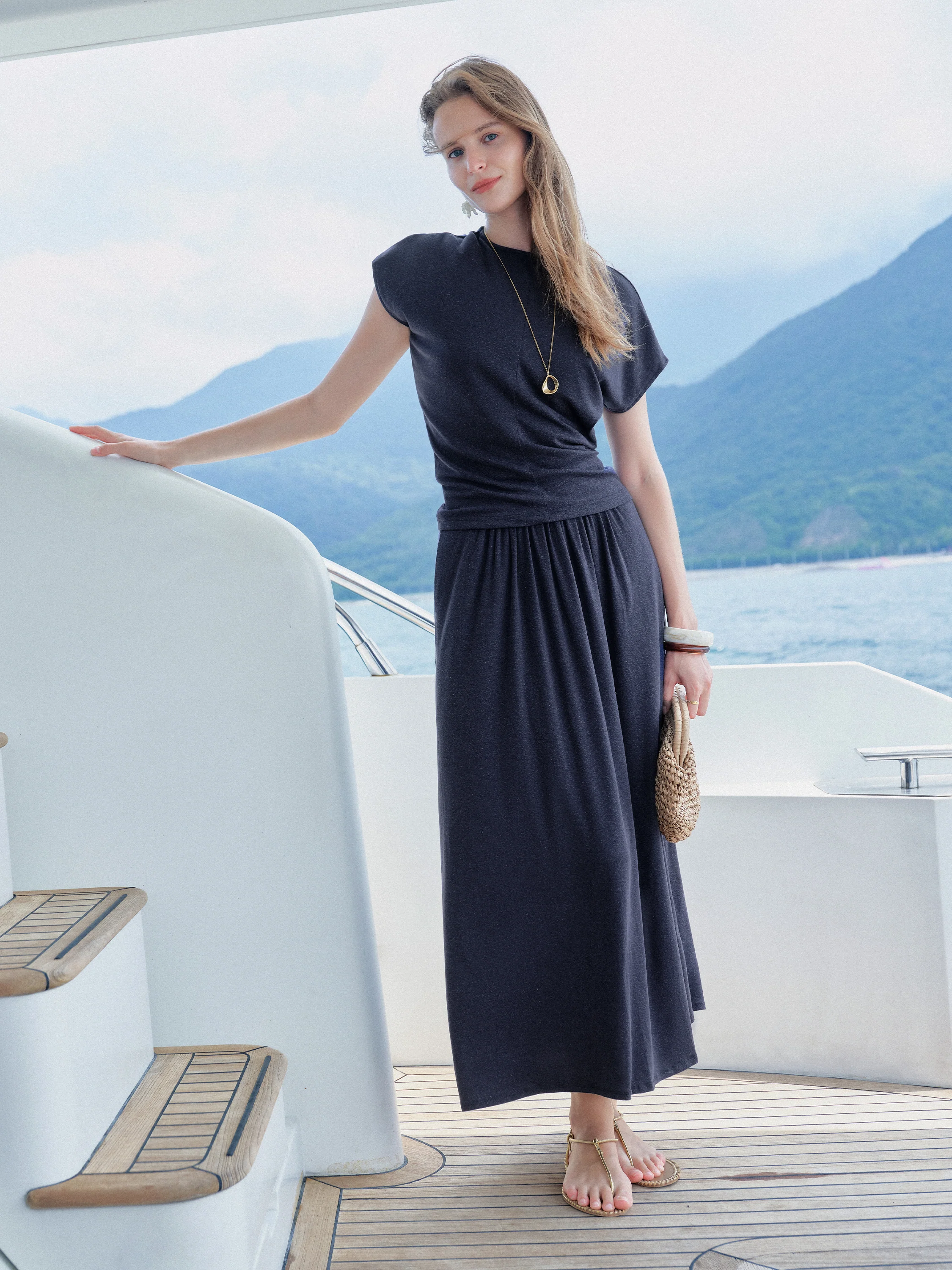 2Pcs Set Round Neck Top & A-Line Maxi Skirt with Pockets - Image 5