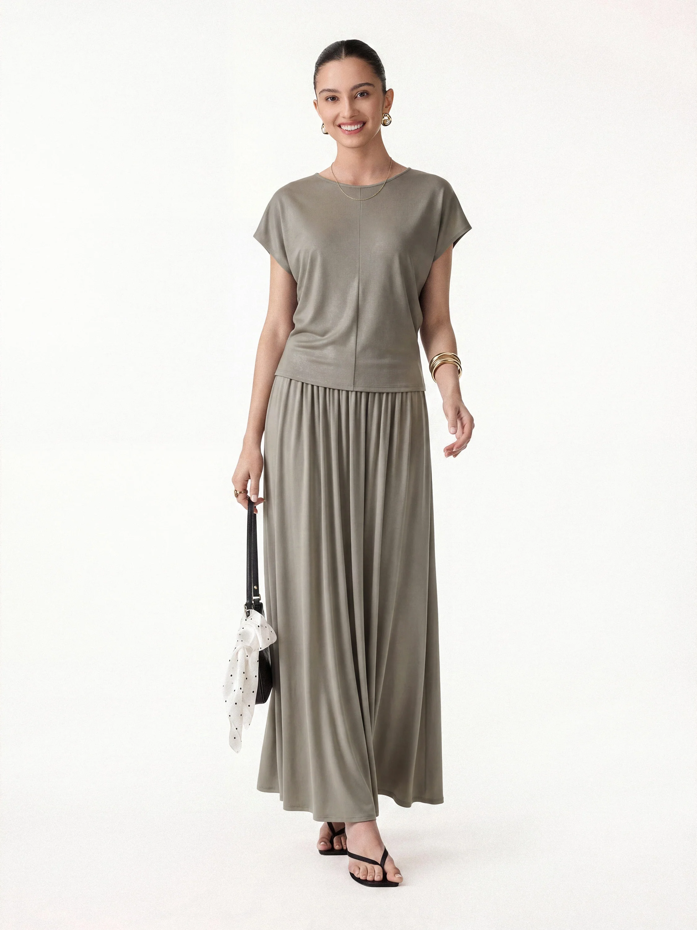 2Pcs Set Round Neck Top & A-Line Maxi Skirt with Pockets - Image 8
