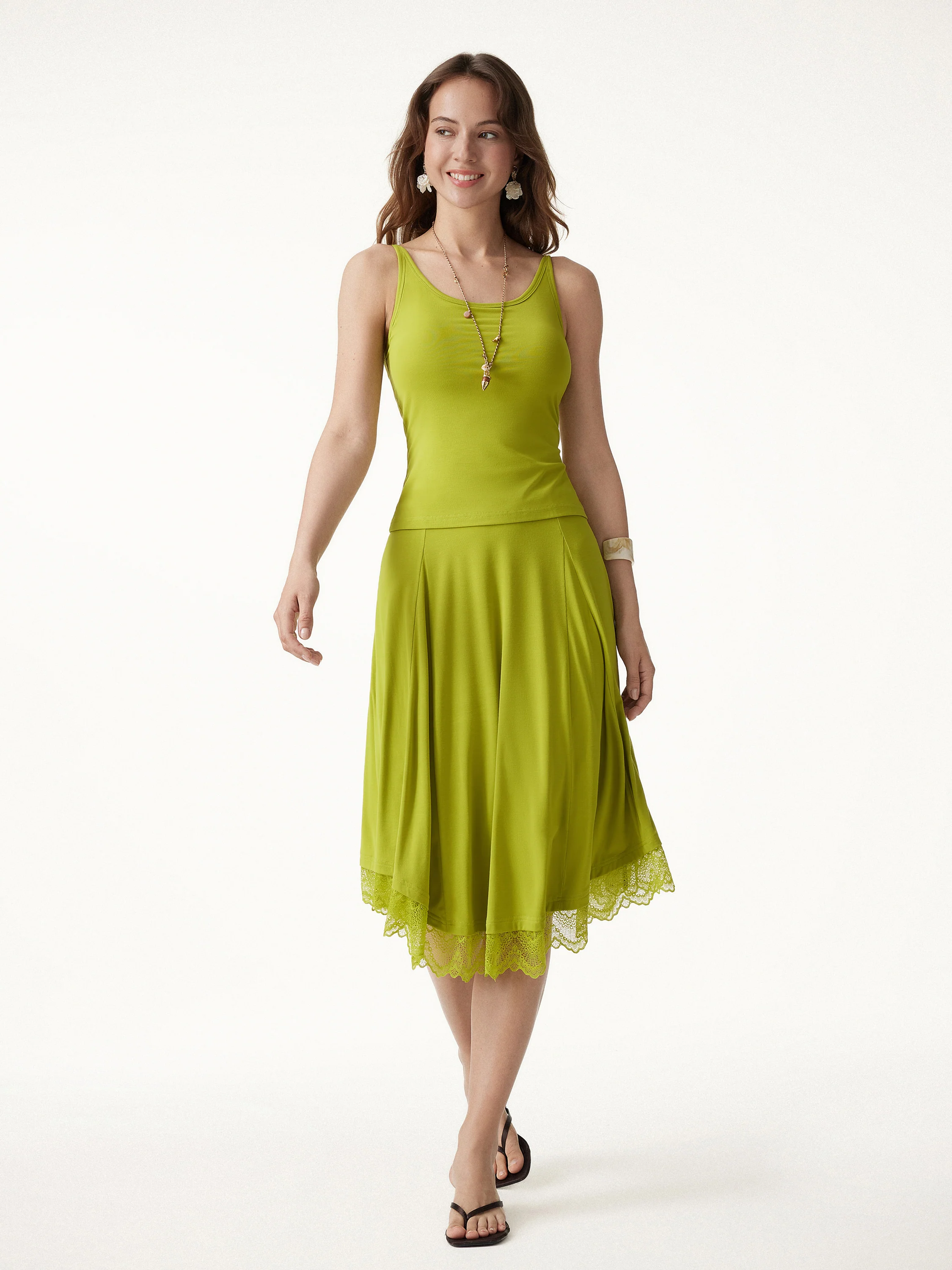 2Pcs Set Scoop Neck Bra Top & Lace Trim Midi Circle Flare Skirt - Image 2