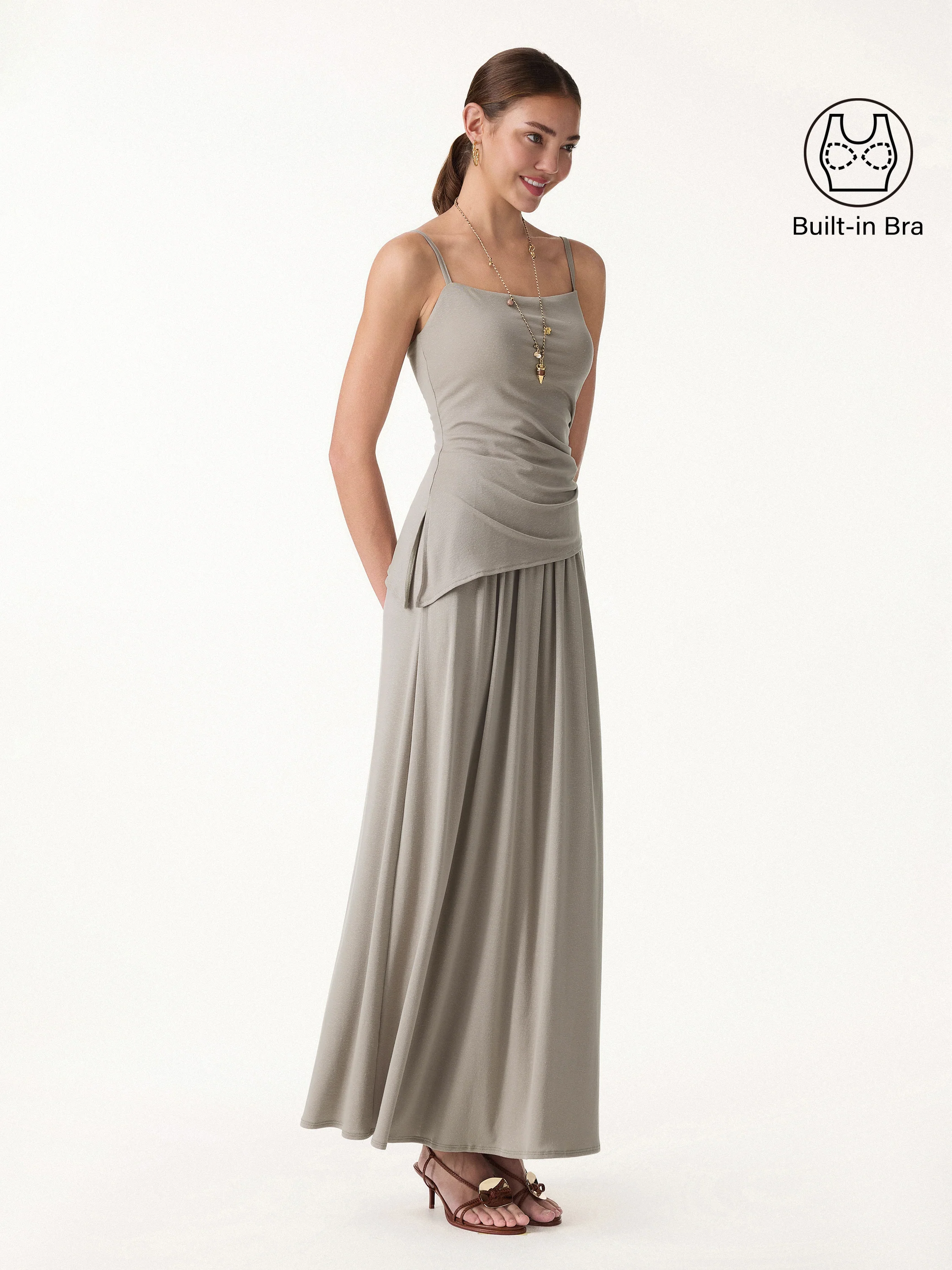 2Pcs Set Spaghetti Bra Top with Side Slit & A-Line Maxi Skirt with Pockets