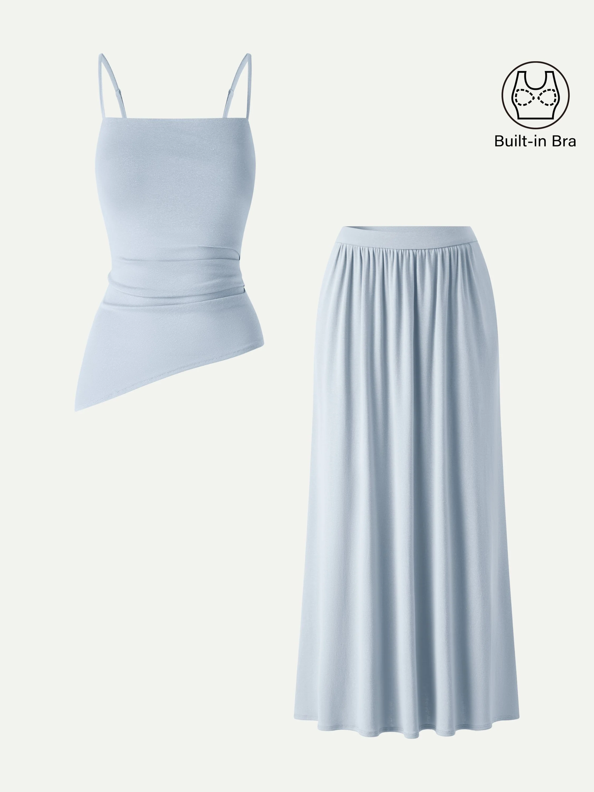2Pcs Set Spaghetti Bra Top with Side Slit & A-Line Maxi Skirt with Pockets - Image 12