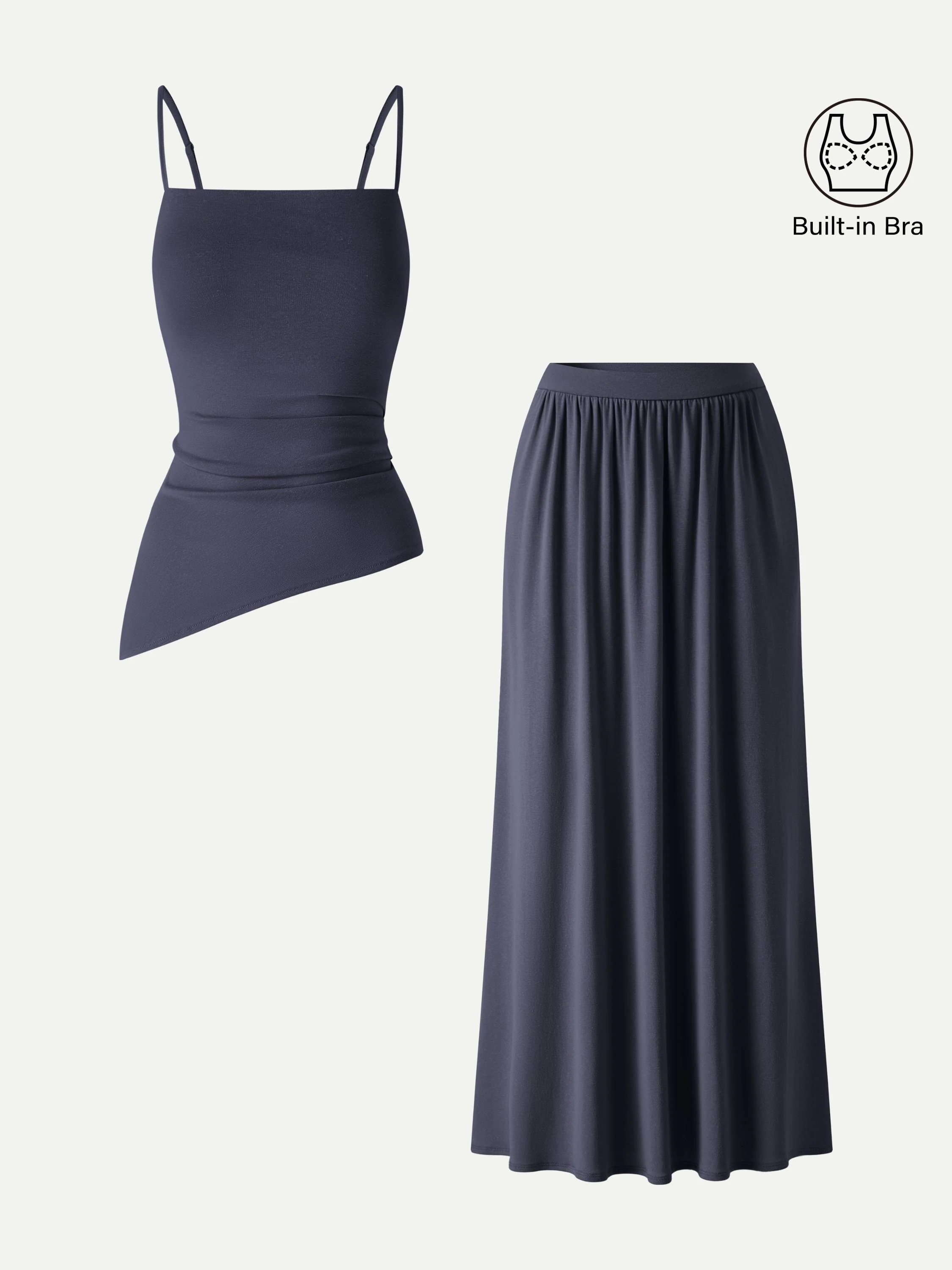 2Pcs Set Spaghetti Bra Top with Side Slit & A-Line Maxi Skirt with Pockets - Image 13